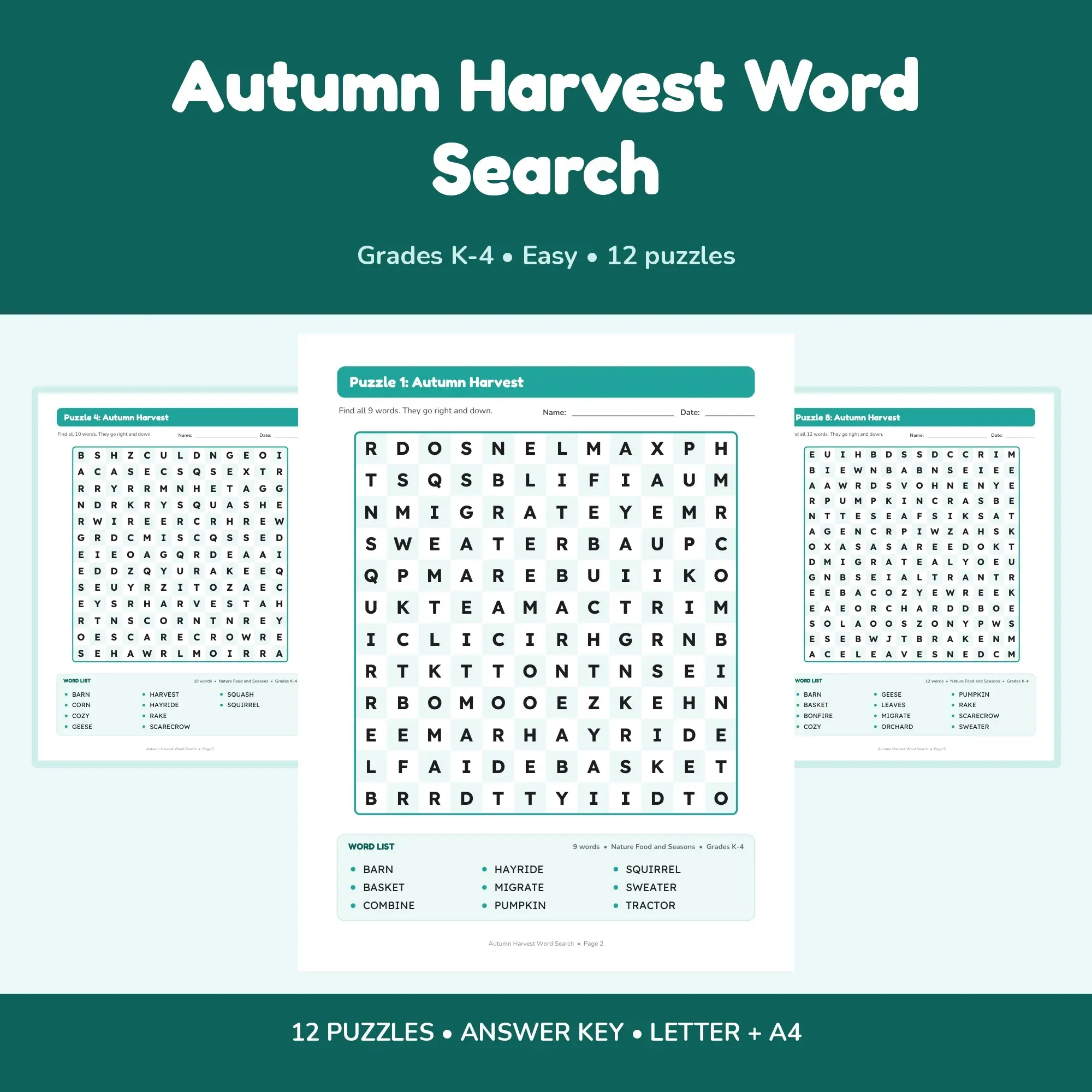 Easy Autumn Harvest Word Search - 12 Puzzles for Grades K-4 + Answer Key preview