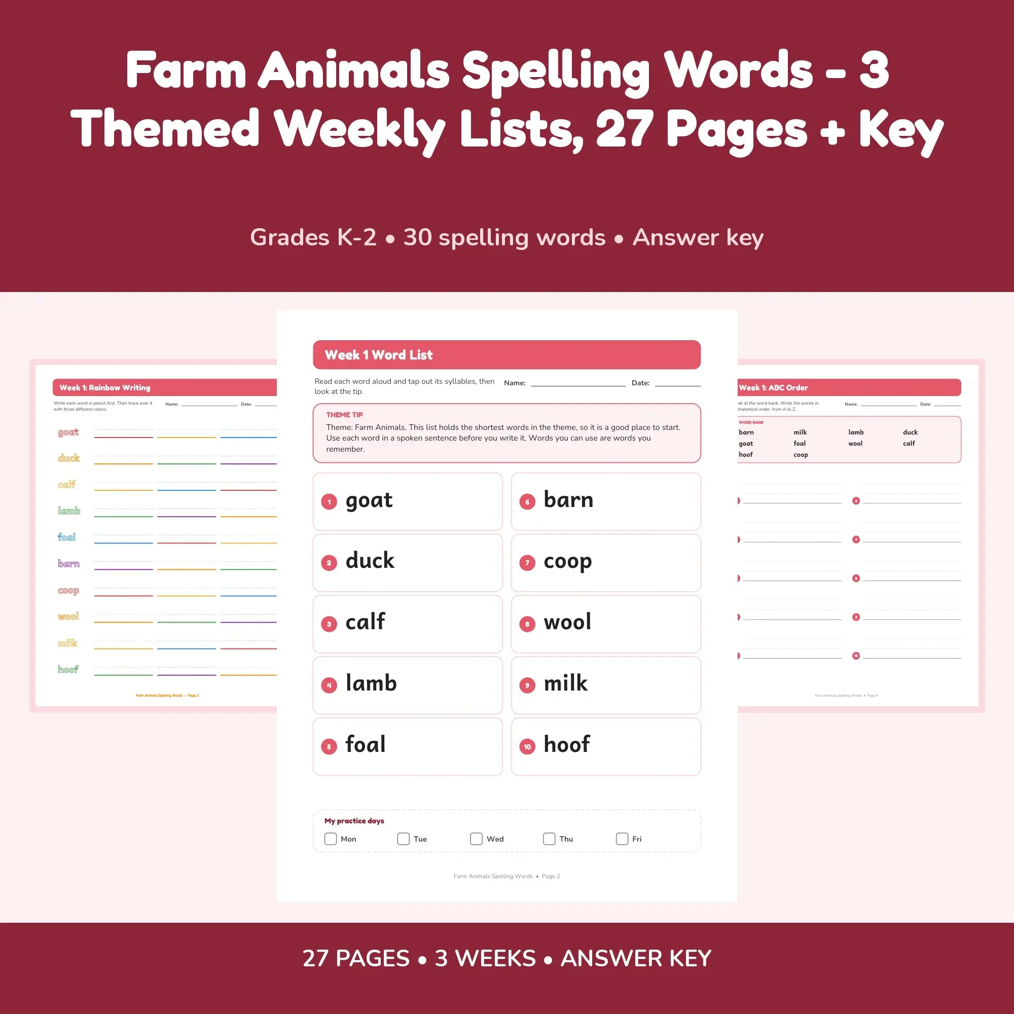 Farm Animals Spelling Words - 3 Themed Weekly Lists, 27 Pages + Key preview