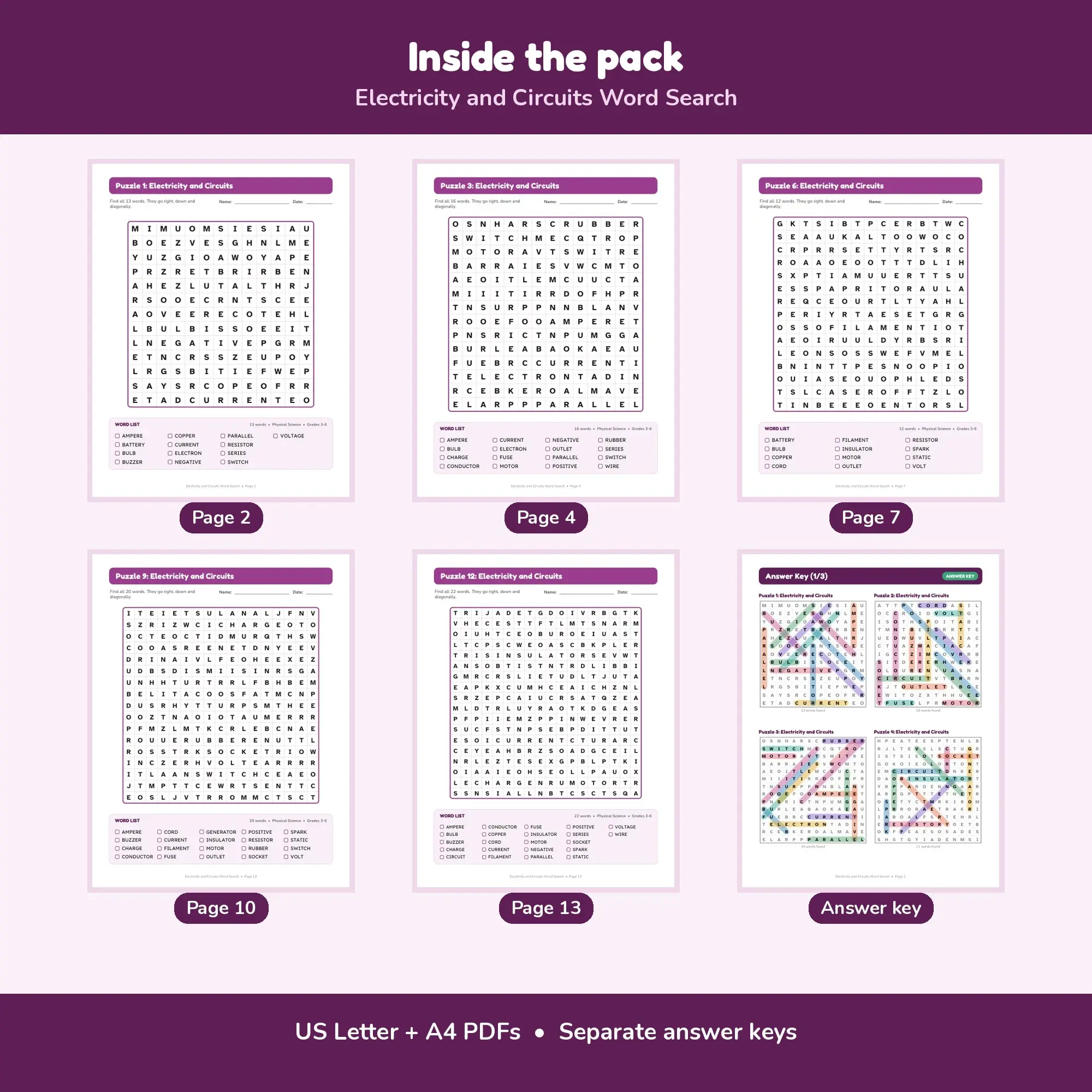 Electricity and Circuits Word Find Puzzles - 12 Printable Puzzle Pages, Grades 3-6 + Key, preview 2 of 2