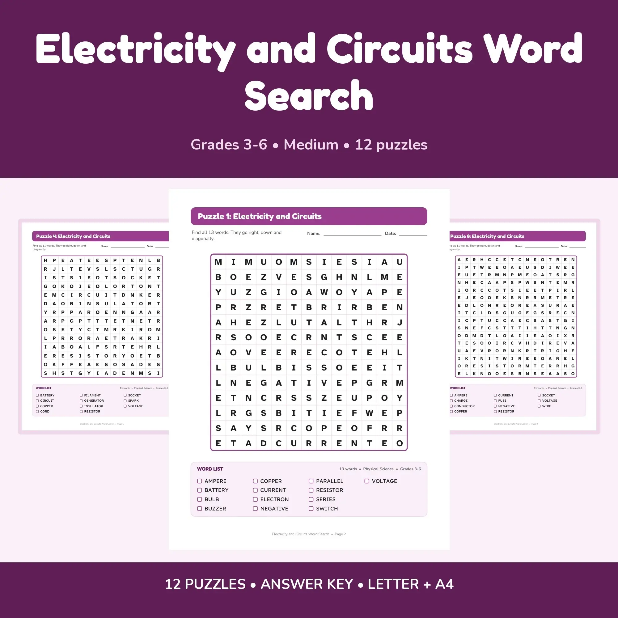 Electricity and Circuits Word Find Puzzles - 12 Printable Puzzle Pages, Grades 3-6 + Key preview