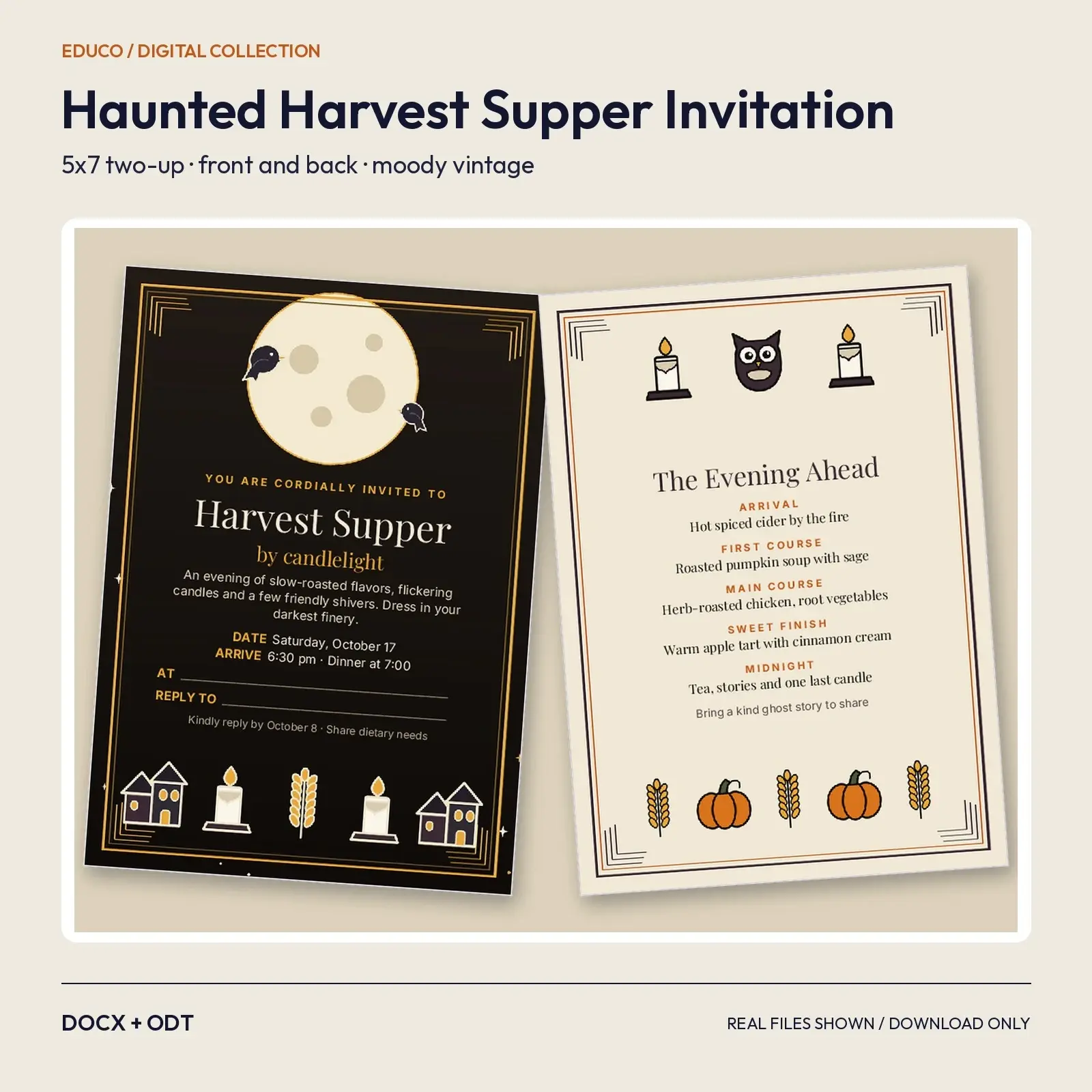 Haunted Harvest Supper Dinner Party Invitation 5x7 – Moody Vintage Candlelit Card, Front and Back, DOCX and ODT preview