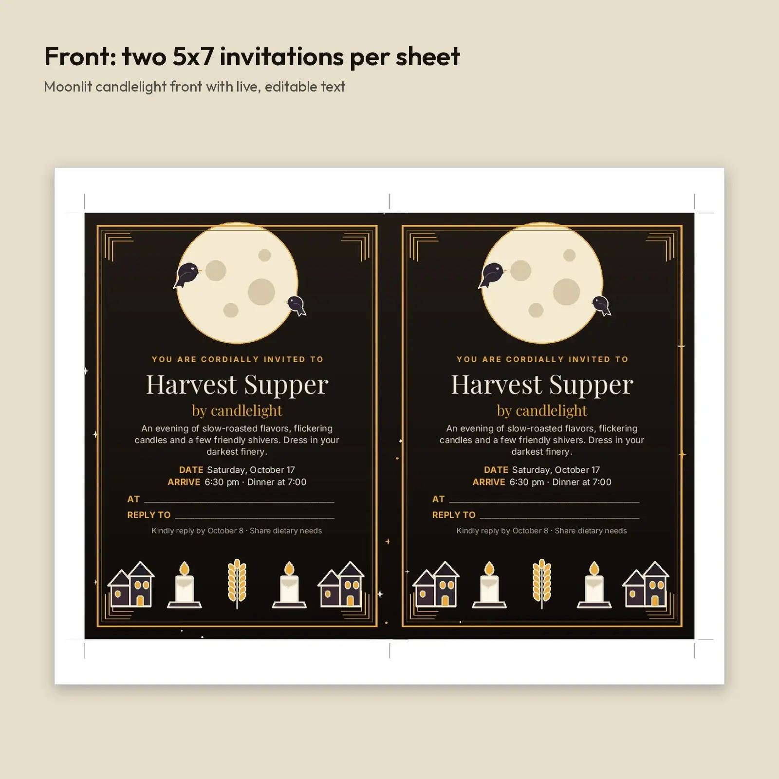 Haunted Harvest Supper Dinner Party Invitation 5x7 – Moody Vintage Candlelit Card, Front and Back, DOCX and ODT, preview 2 of 4