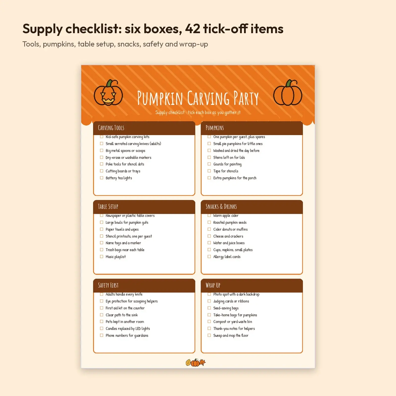 Pumpkin Carving Party Invitation and Supply Checklist – Printable 7x5 Cards, Editable DOCX and ODT, preview 3 of 4