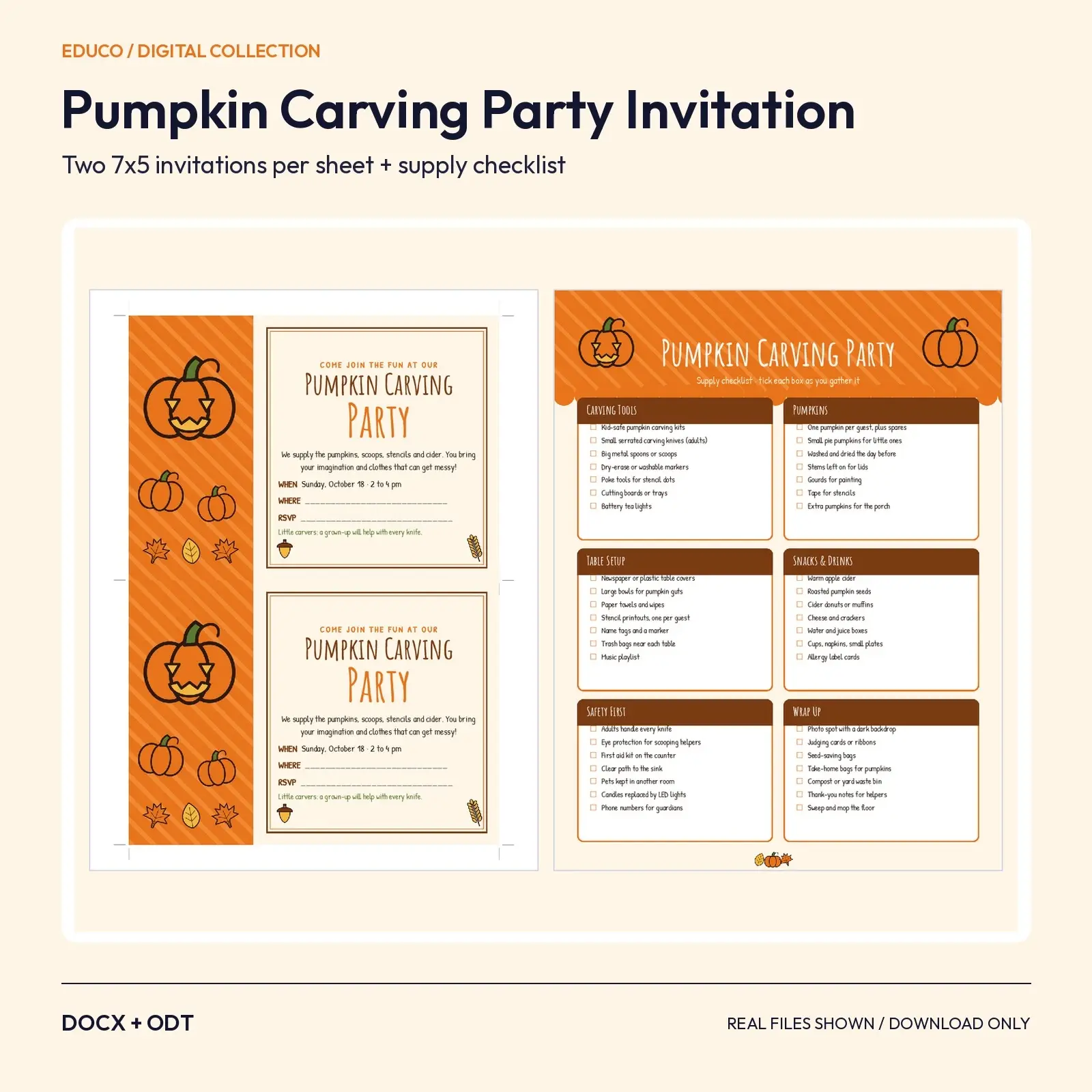 Pumpkin Carving Party Invitation and Supply Checklist – Printable 7x5 Cards, Editable DOCX and ODT, preview 1 of 4