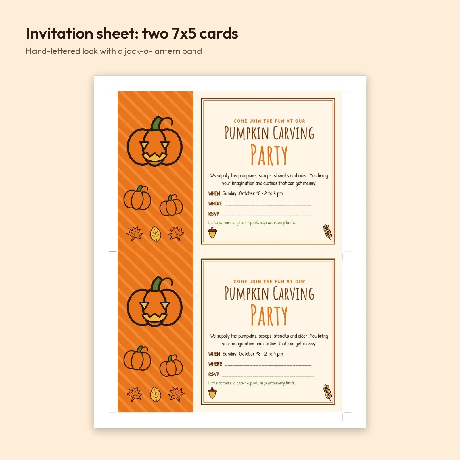 Pumpkin Carving Party Invitation and Supply Checklist – Printable 7x5 Cards, Editable DOCX and ODT, preview 2 of 4
