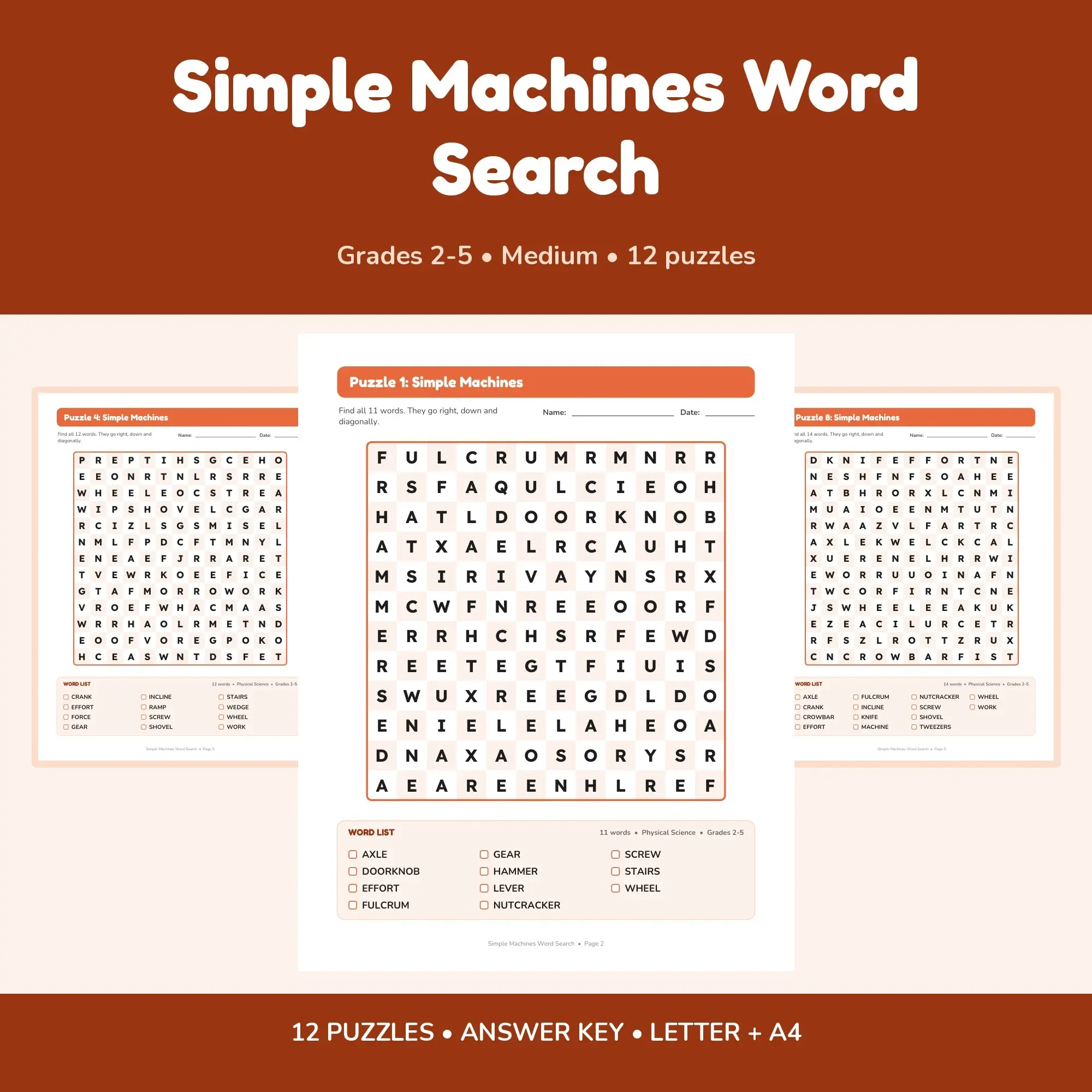 12 Simple Machines Word Search Puzzles for Kids, Grades 2-5 (Printable PDF) preview