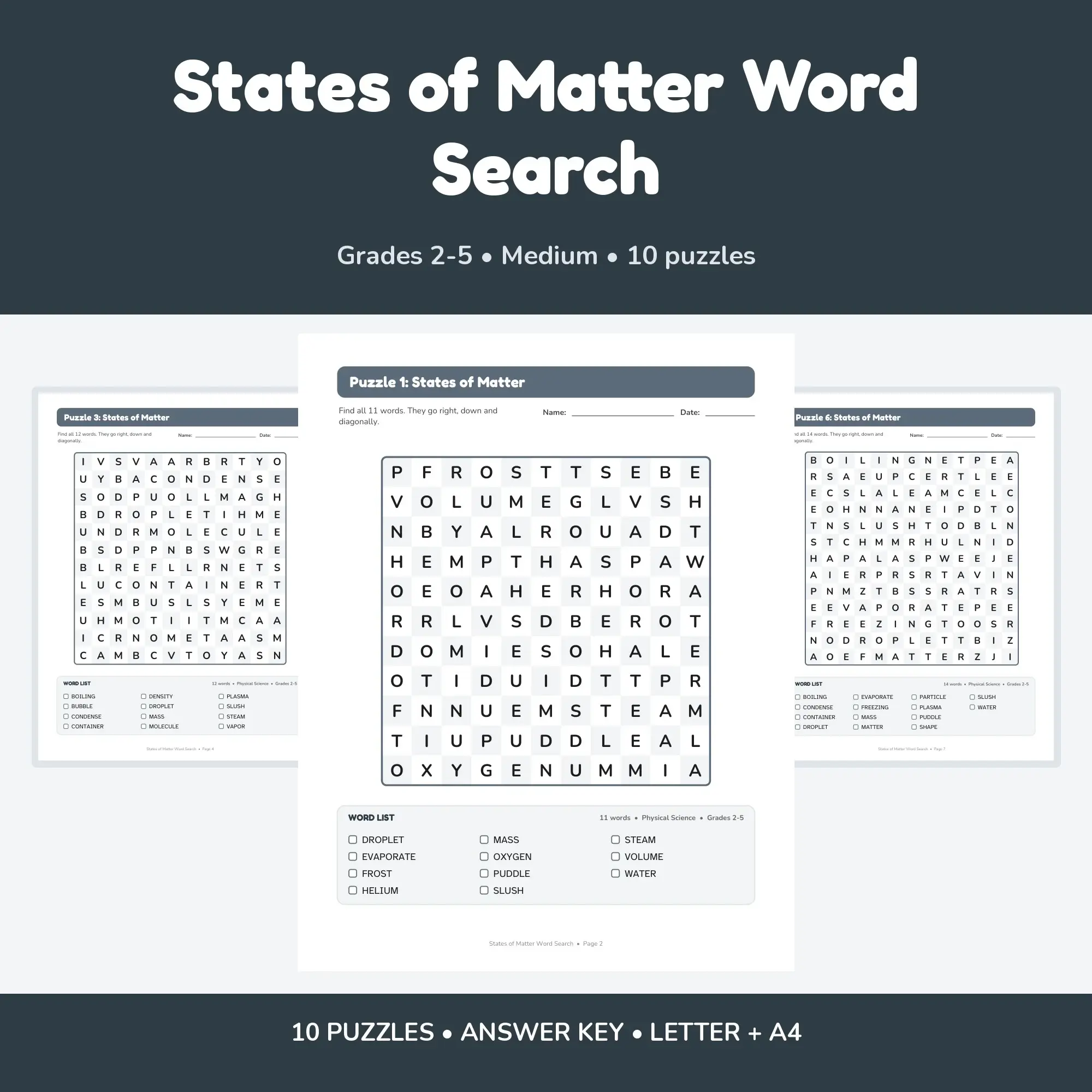 10 States of Matter Word Search Puzzles for Kids, Grades 2-5 (Printable PDF) preview