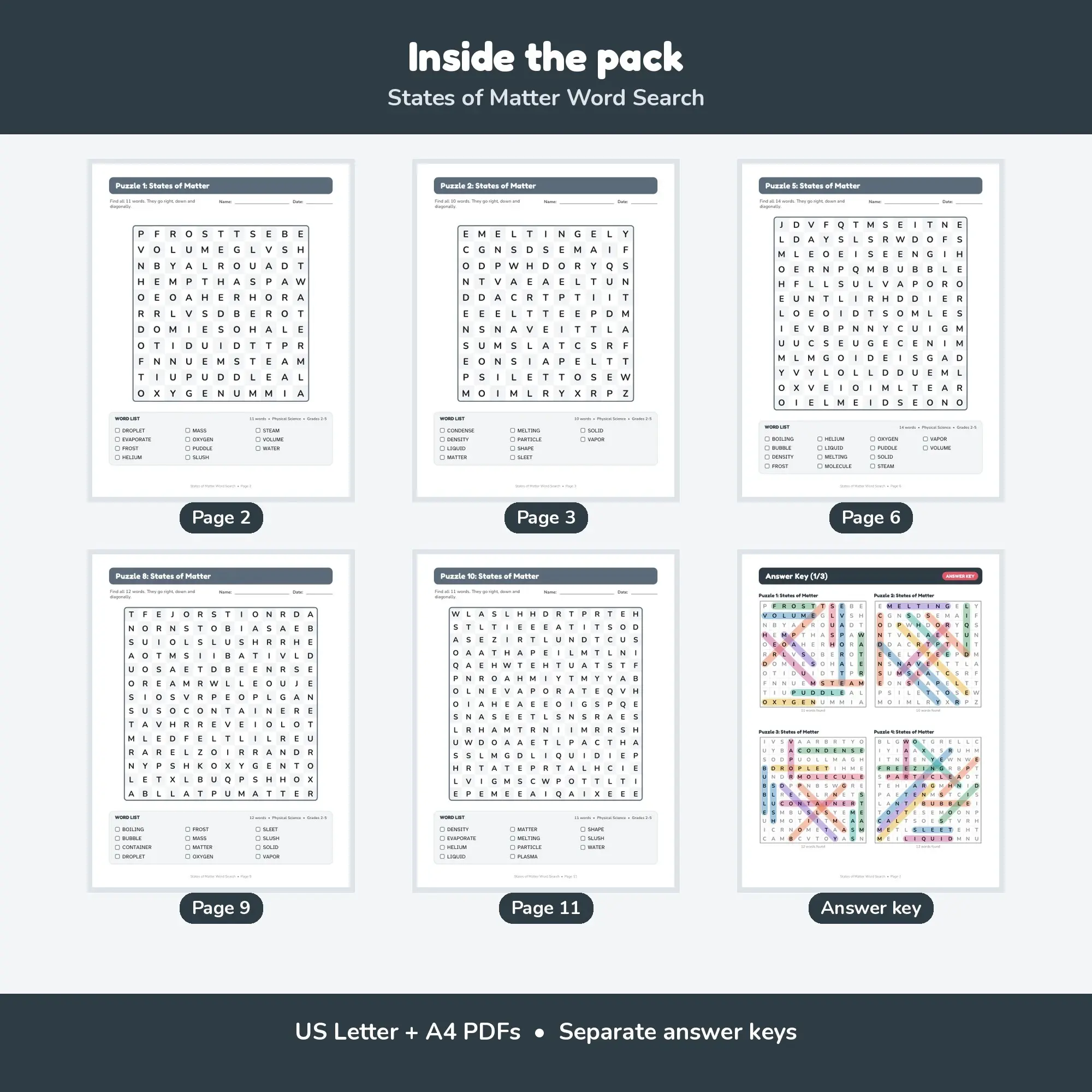 10 States of Matter Word Search Puzzles for Kids, Grades 2-5 (Printable PDF), preview 2 of 2