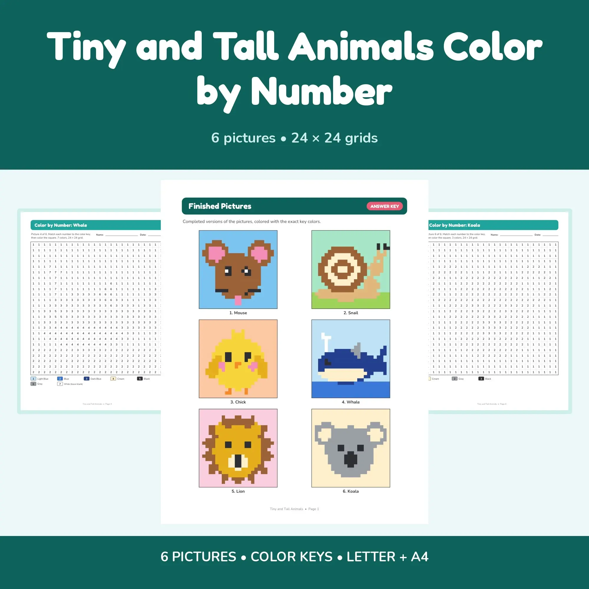 Tiny and Tall Animals Color by Number - 6 Pixel Pictures preview