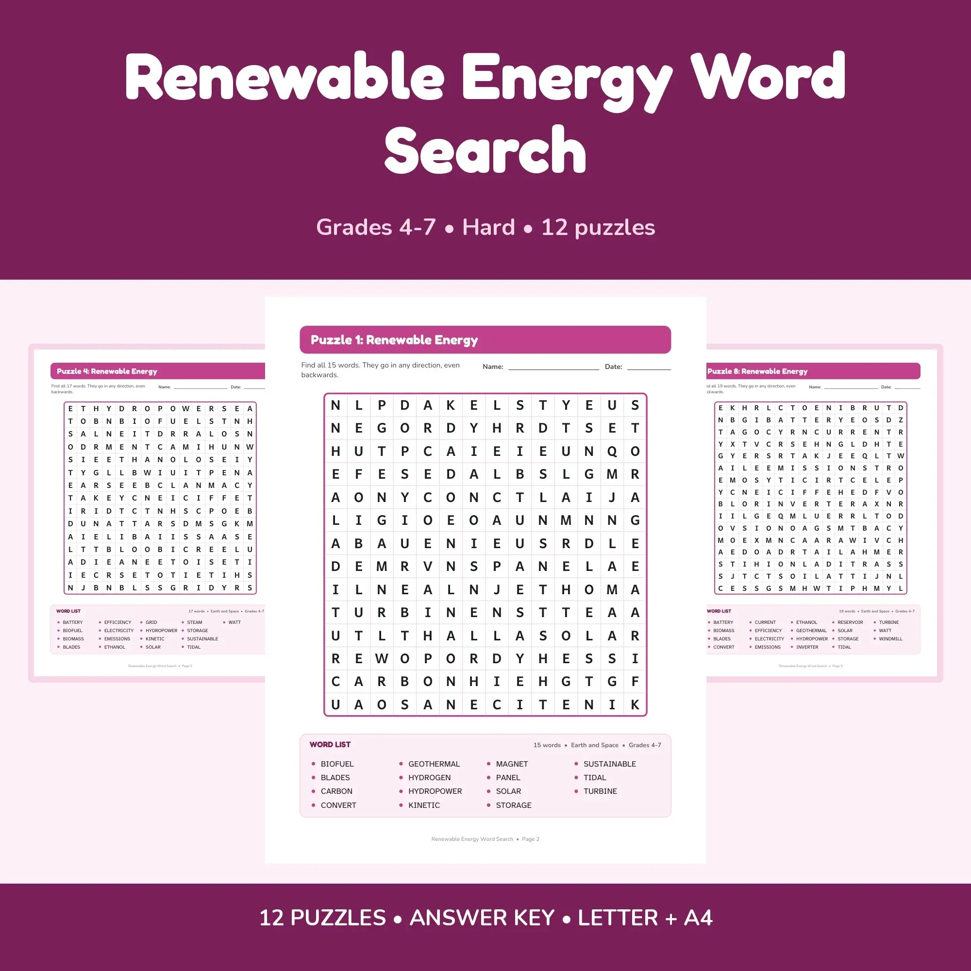 Renewable Energy Word Search Book - 12 Puzzles | Grades 4-7 | Letter + A4 preview