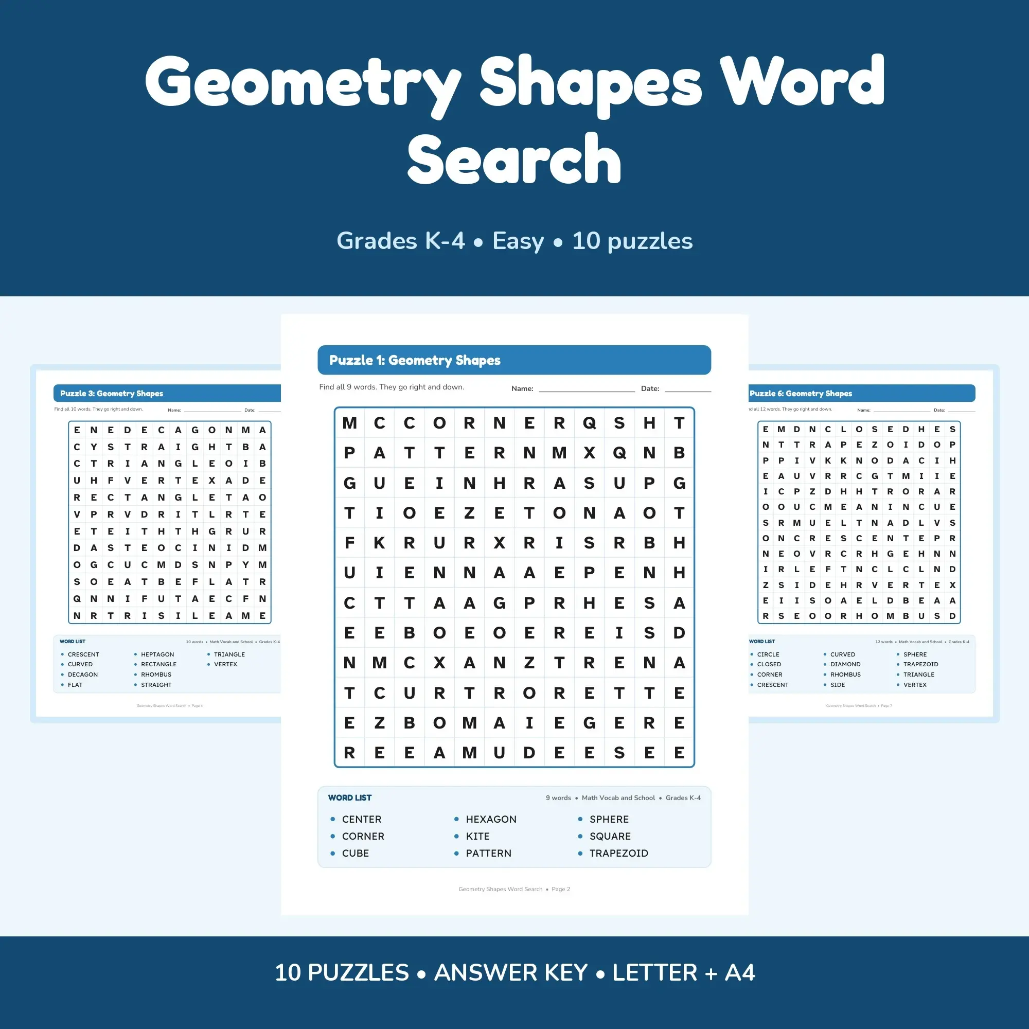 10 Geometry Shapes Word Search Puzzles for Kids, Grades K-4 (Printable PDF) preview
