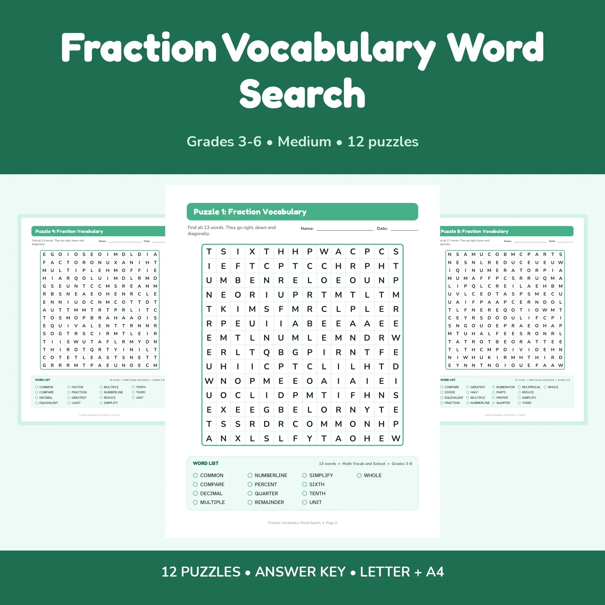 Printable Fraction Vocabulary Word Search Pack - 12 Puzzles, Grades 3-6, Answer Key, preview 1 of 2