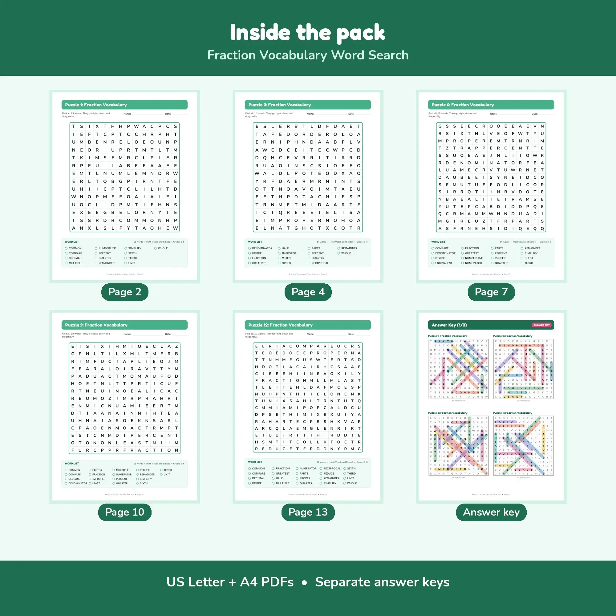 Printable Fraction Vocabulary Word Search Pack - 12 Puzzles, Grades 3-6, Answer Key, preview 2 of 2