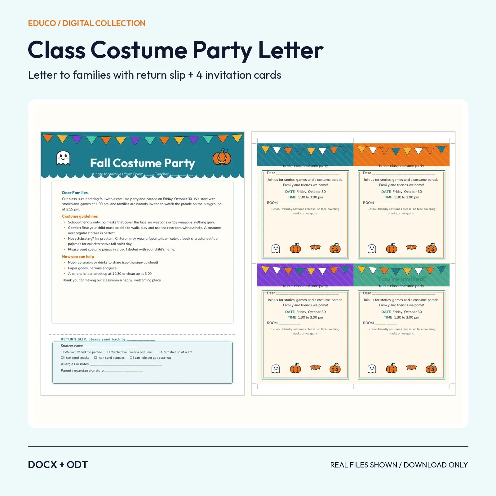 Classroom Costume Party Letter to Families with Return Slip and 4 Invitation Cards – Editable DOCX and ODT preview