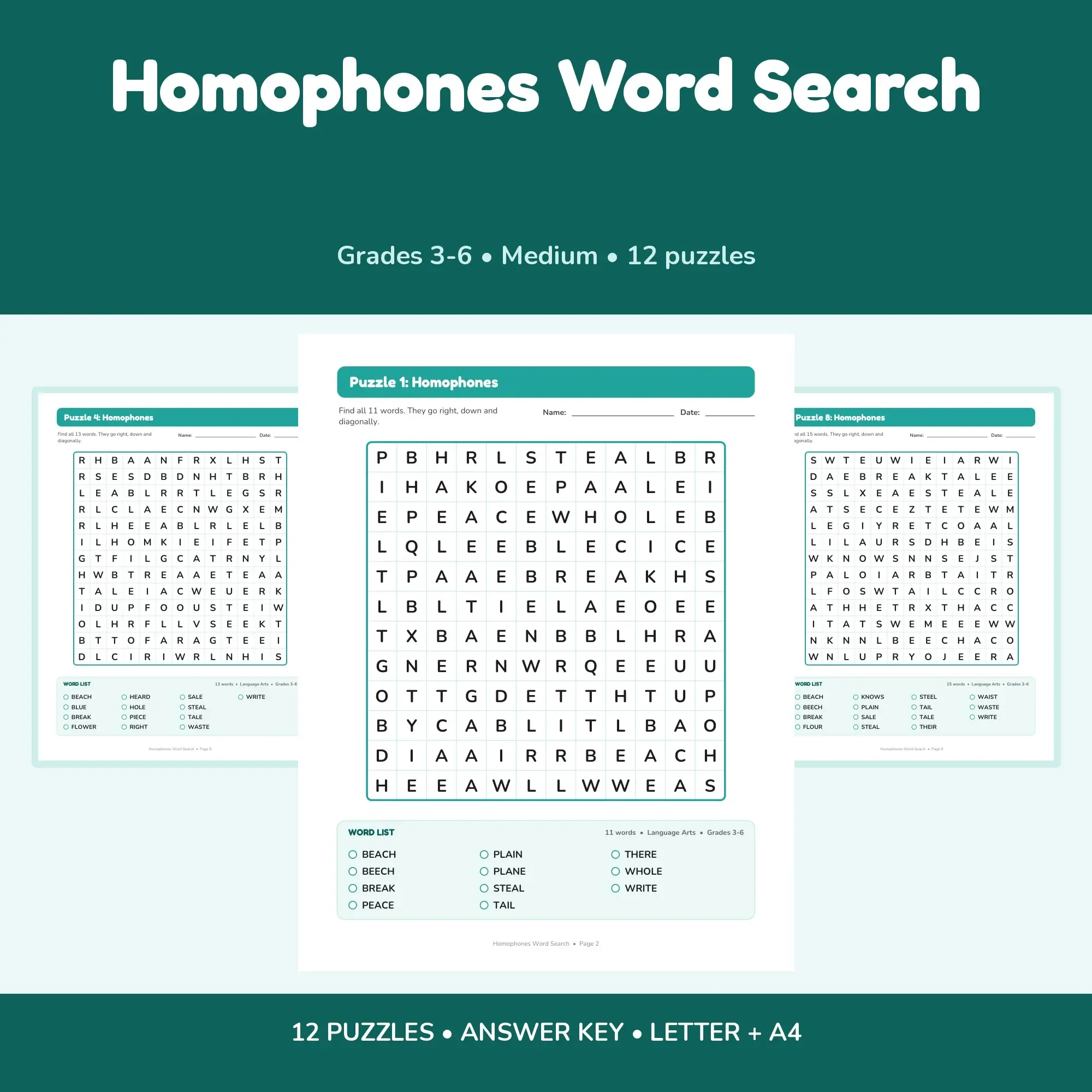 Homophones Word Search - 12 Puzzles for Grades 3-6 + Answer Key preview