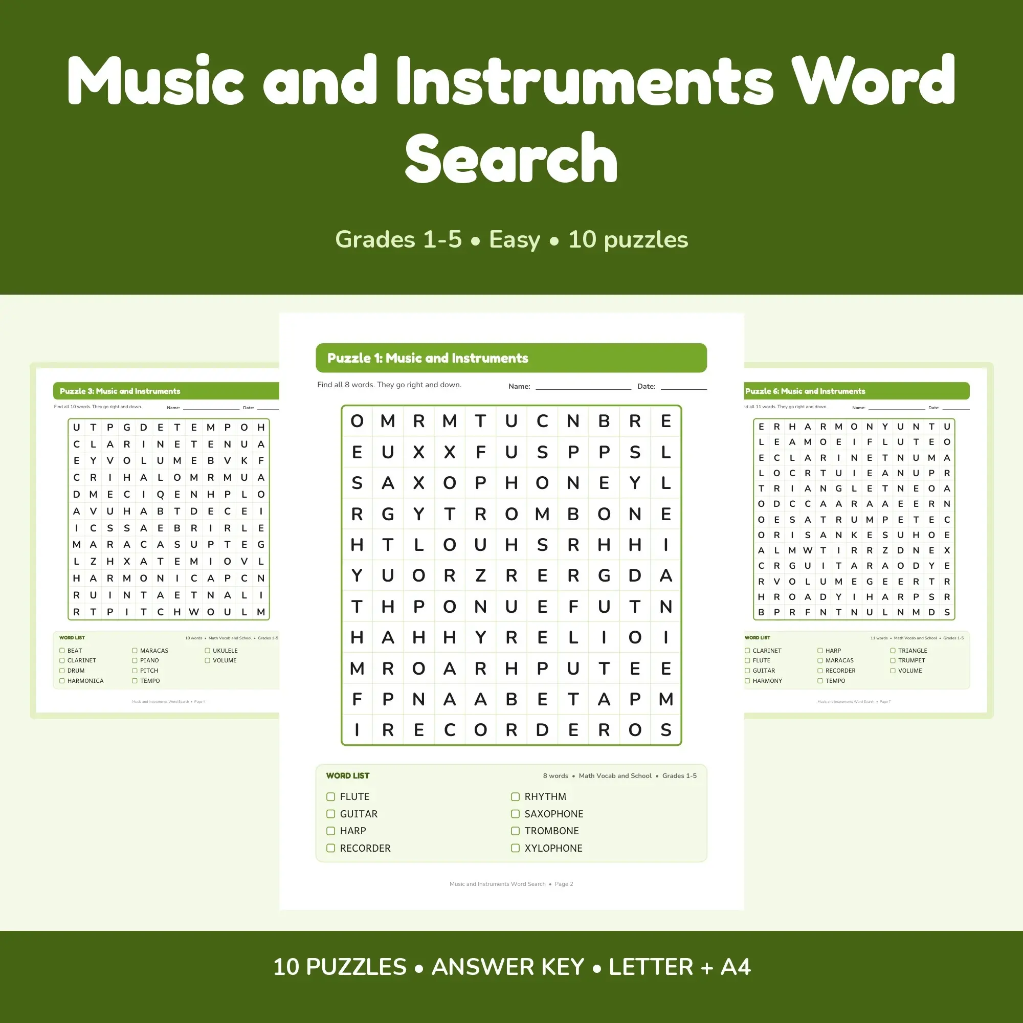 Printable Music and Instruments Word Search Pack - 10 Puzzles, Grades 1-5, Answer Key preview