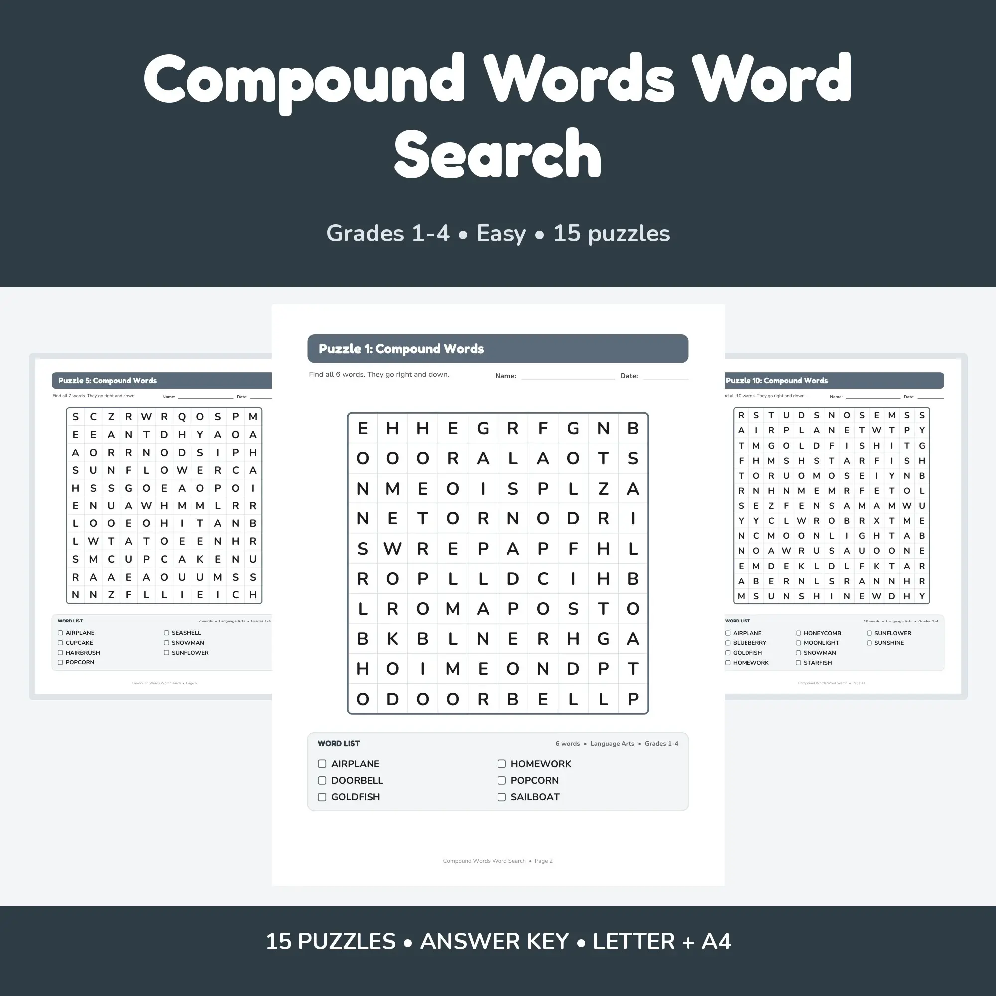 Compound Words Word Search - 15 Puzzles for Grades 1-4 + Answer Key preview