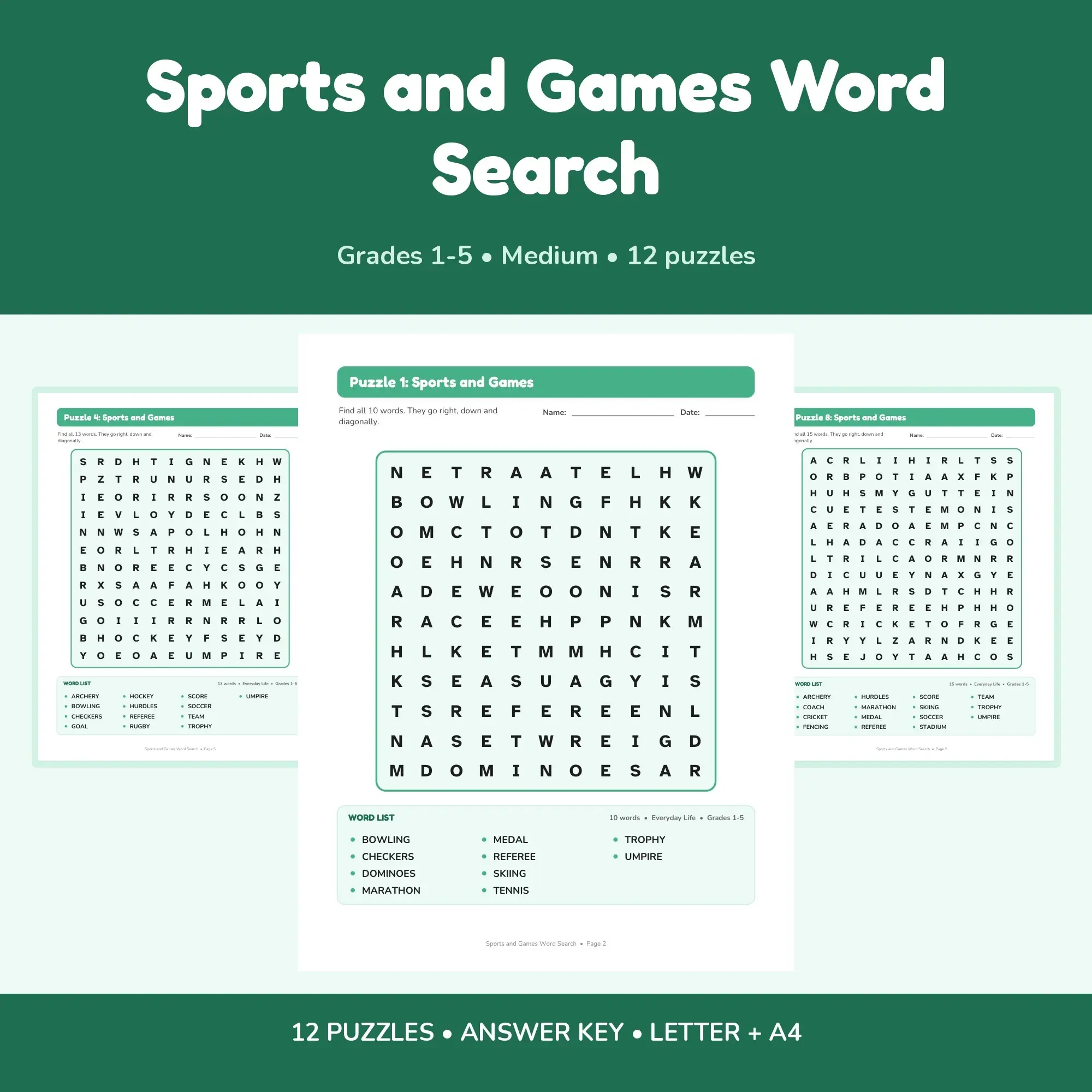 Sports and Games Word Find Puzzles - 12 Printable Puzzle Pages, Grades 1-5 + Key preview