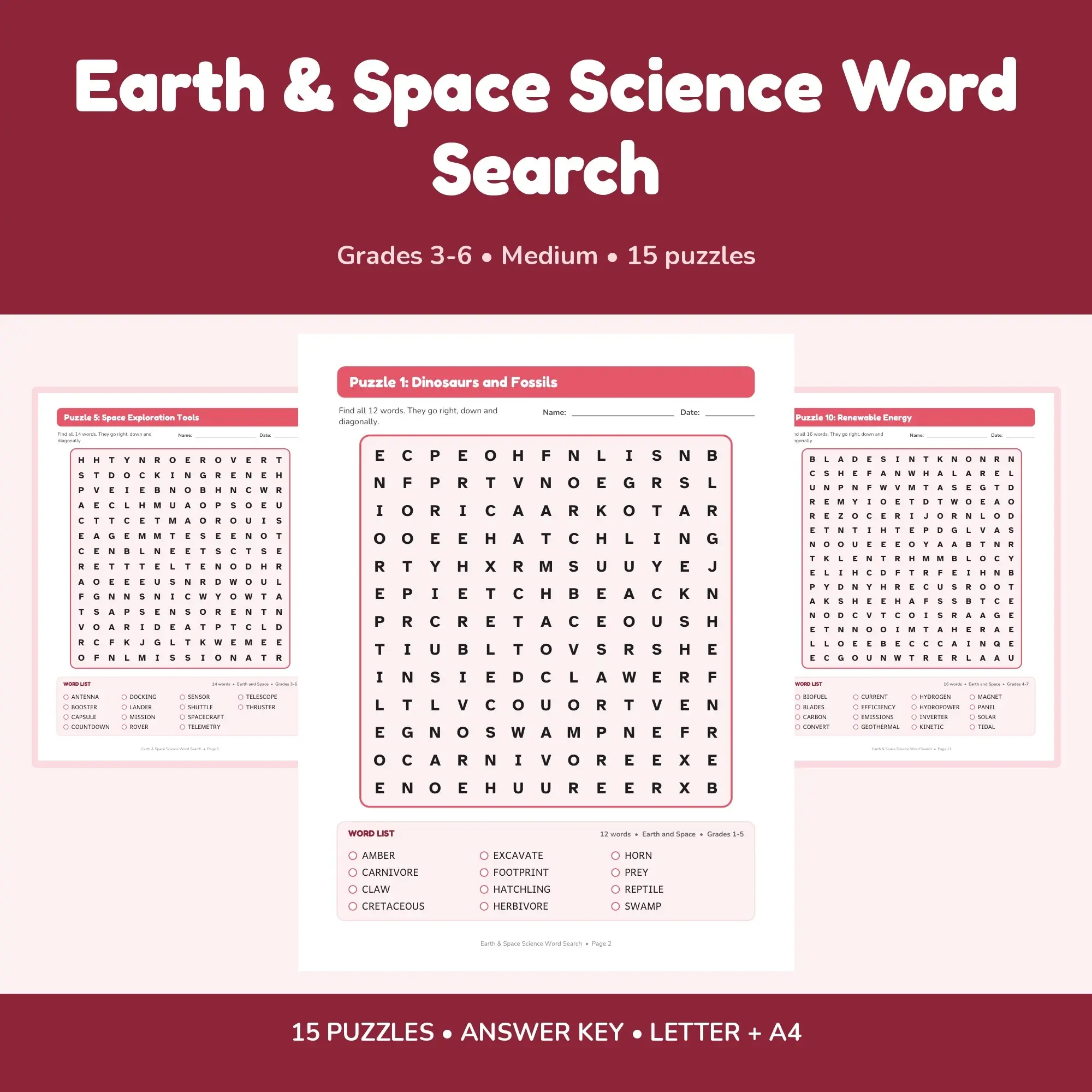Earth & Space Science Word Search Pack - 15 Themed Puzzles, Grades 3-6 + Answer Key preview