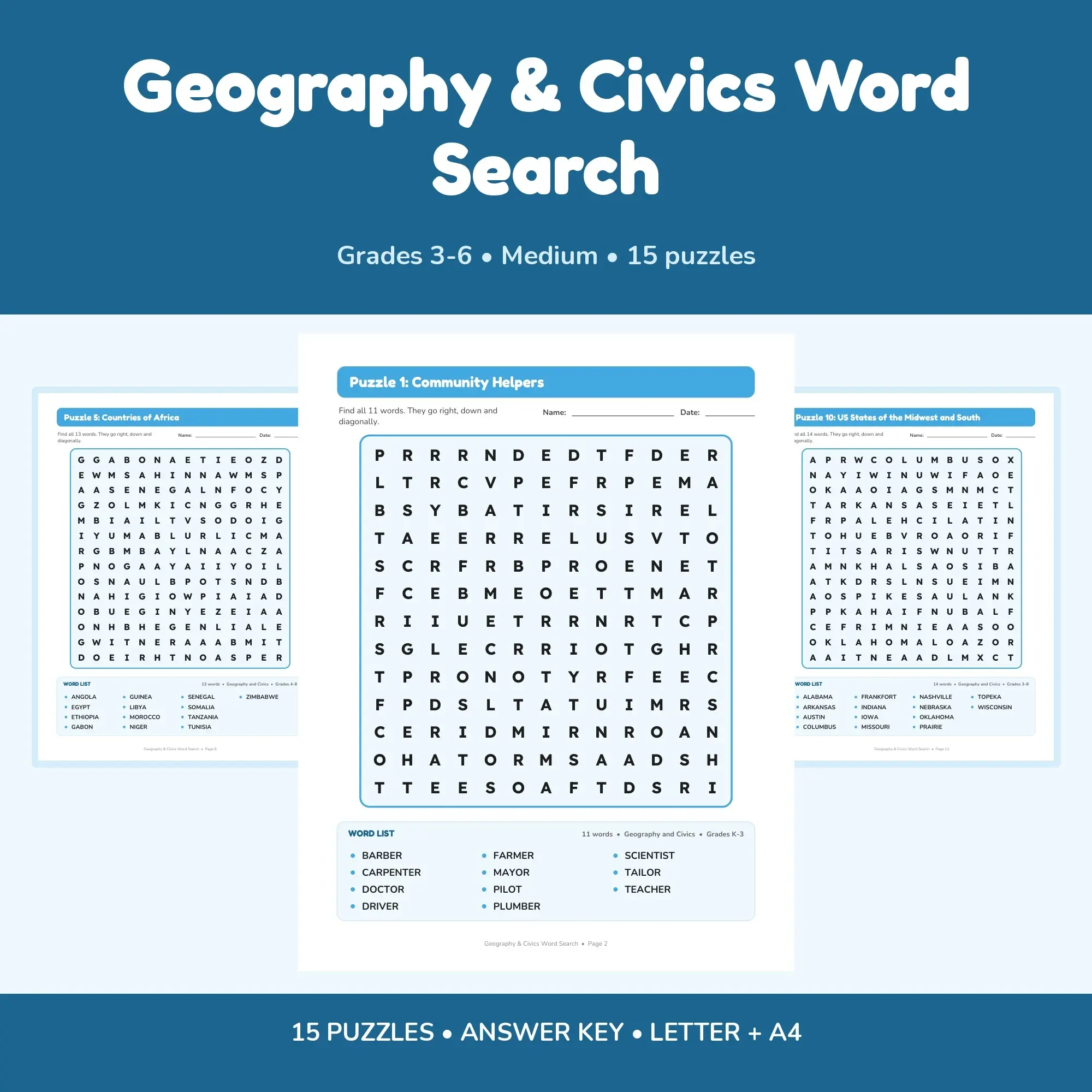 Geography & Civics Vocabulary Word Search Bundle - 15 Printable Puzzles, Grades 3-6 preview