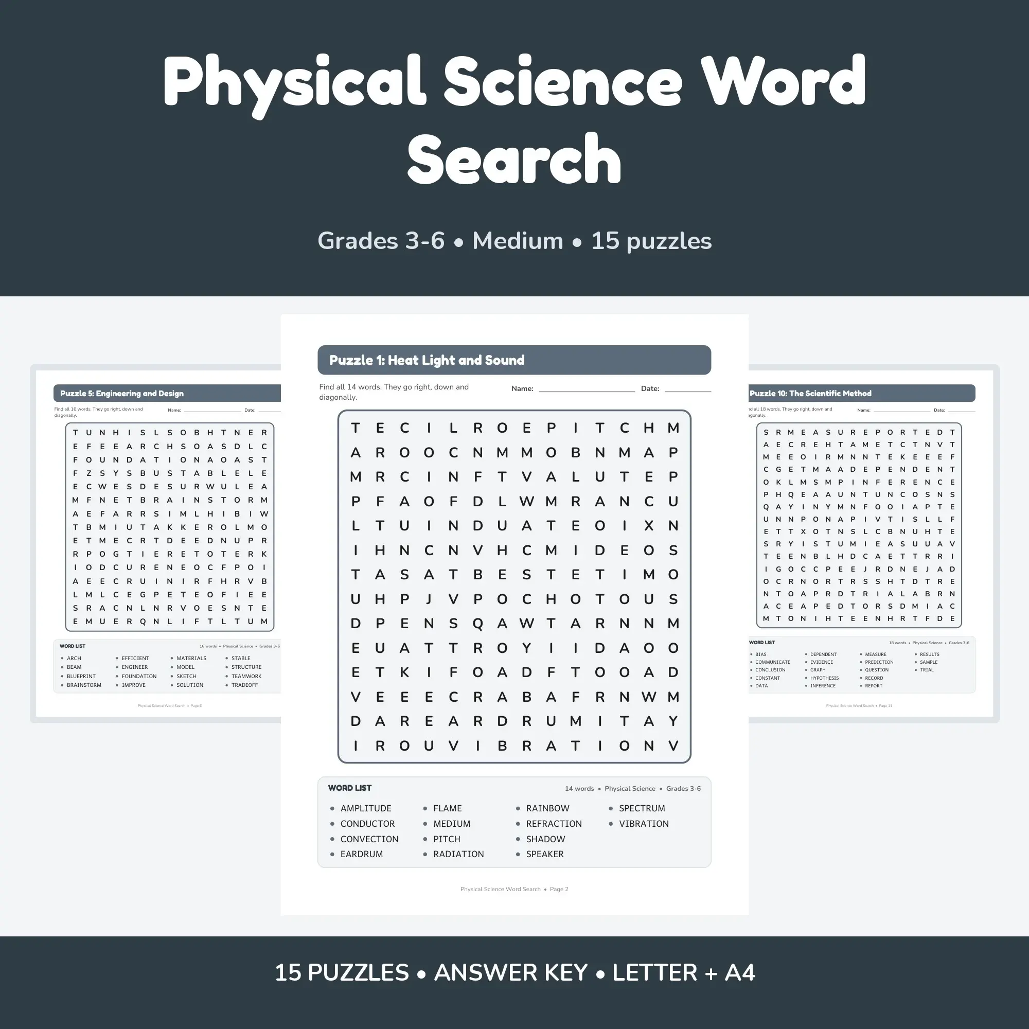 15 Physical Science Word Search Puzzles - 15 Different Topics, Grades 3-6 + Key preview