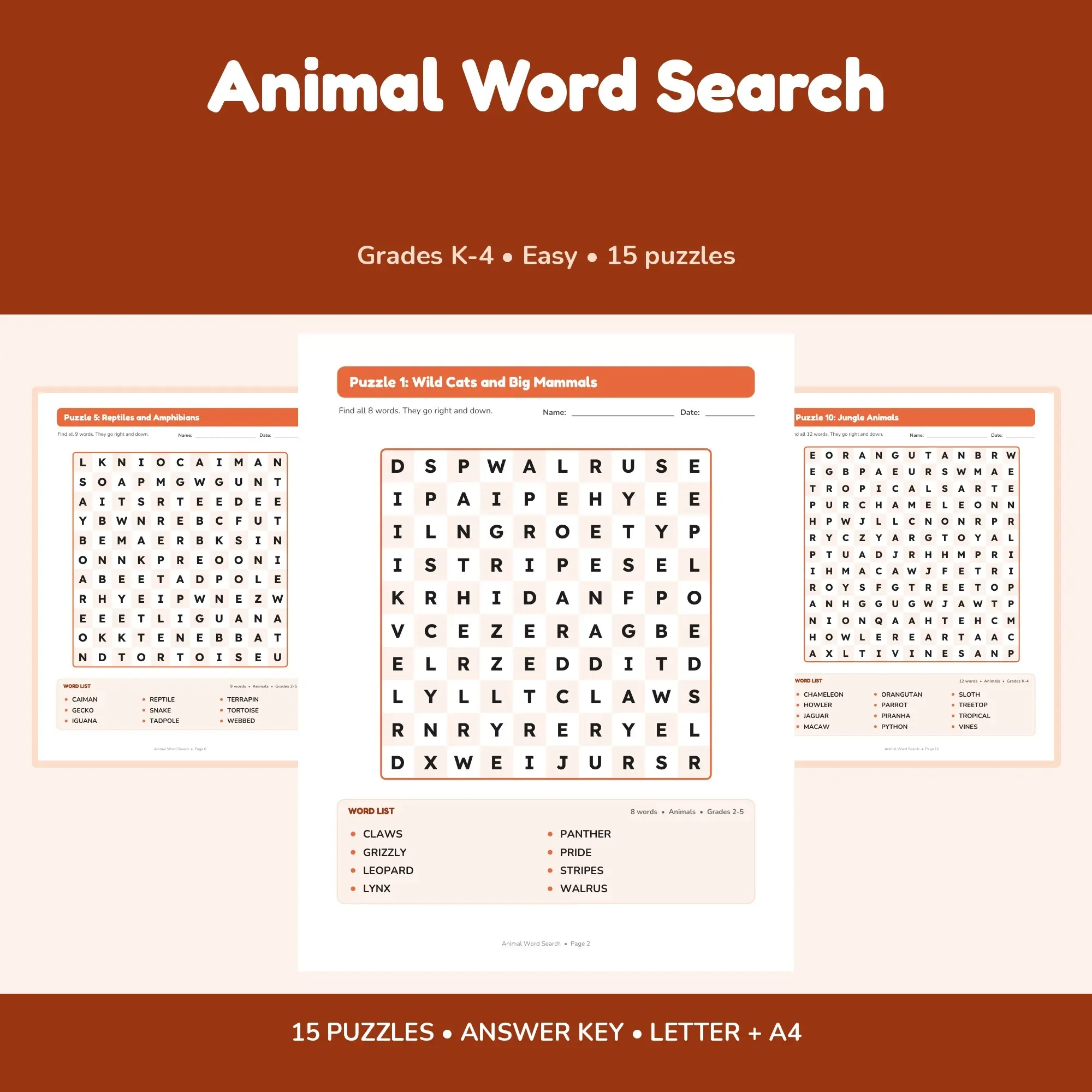 15 Animal Word Search Puzzles - 15 Different Topics, Grades K-4 + Key preview