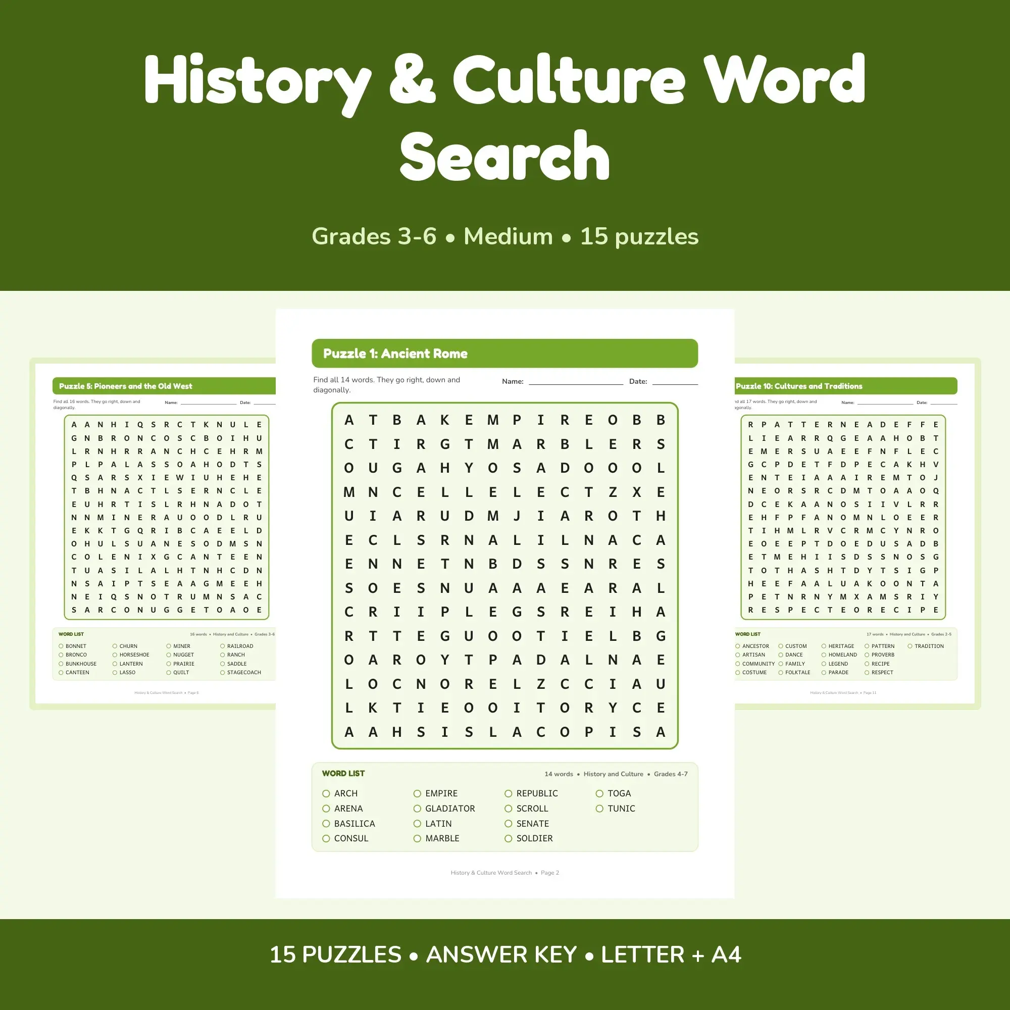 History & Culture Word Search Pack - 15 Themed Puzzles, Grades 3-6 + Answer Key preview
