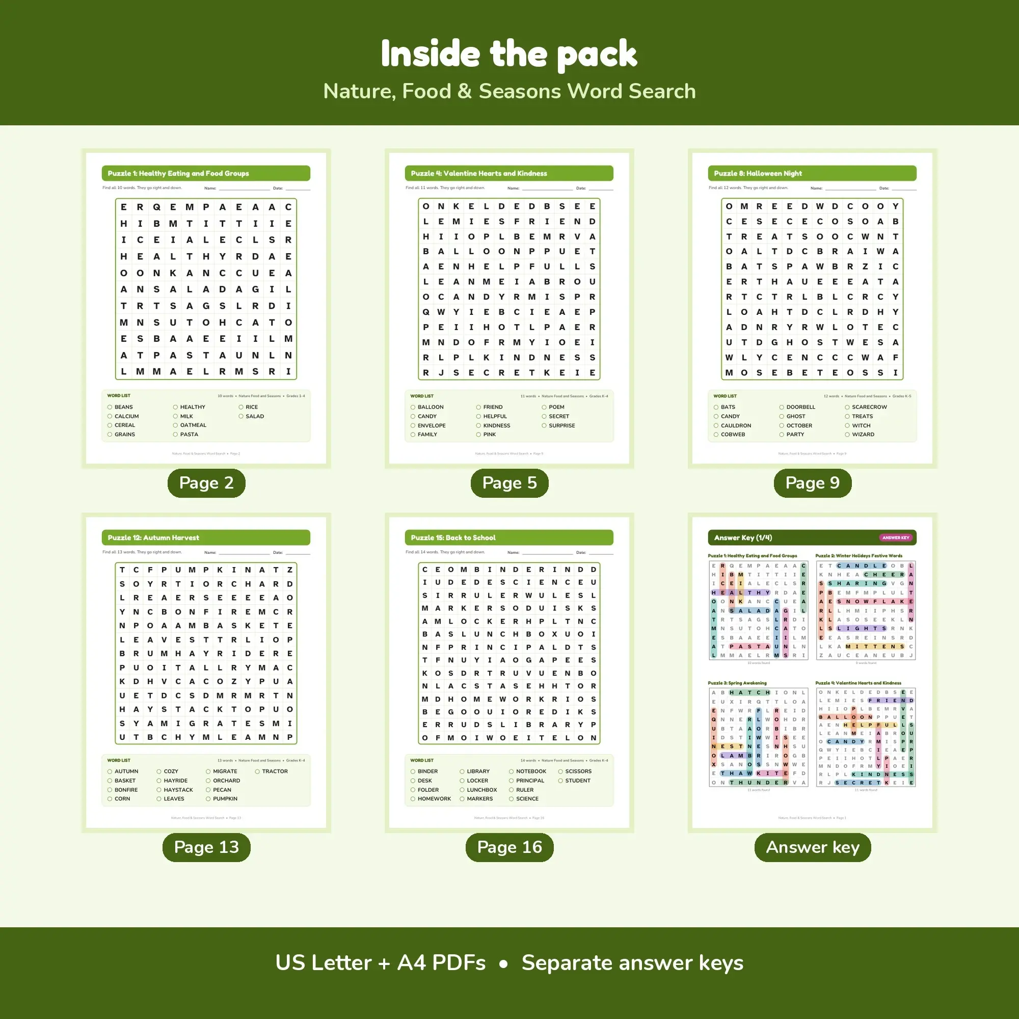 15 Nature, Food & Seasons Word Search Puzzles - 15 Different Topics, Grades K-4 + Key, preview 2 of 2