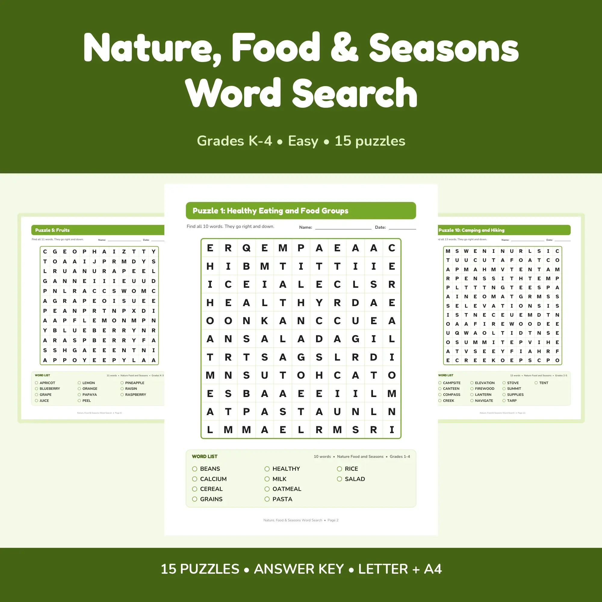 15 Nature, Food & Seasons Word Search Puzzles - 15 Different Topics, Grades K-4 + Key preview