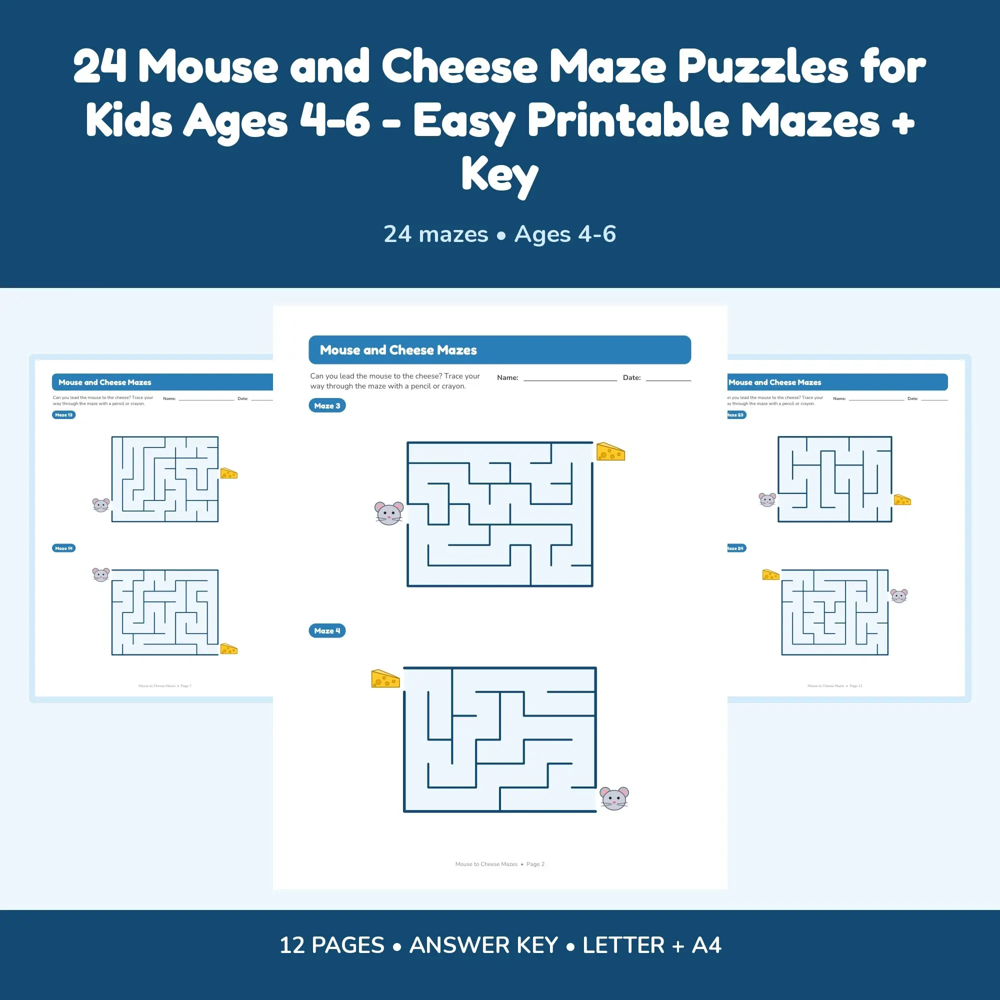24 Mouse and Cheese Maze Puzzles for Kids Ages 4-6 - Easy Printable Mazes + Key preview