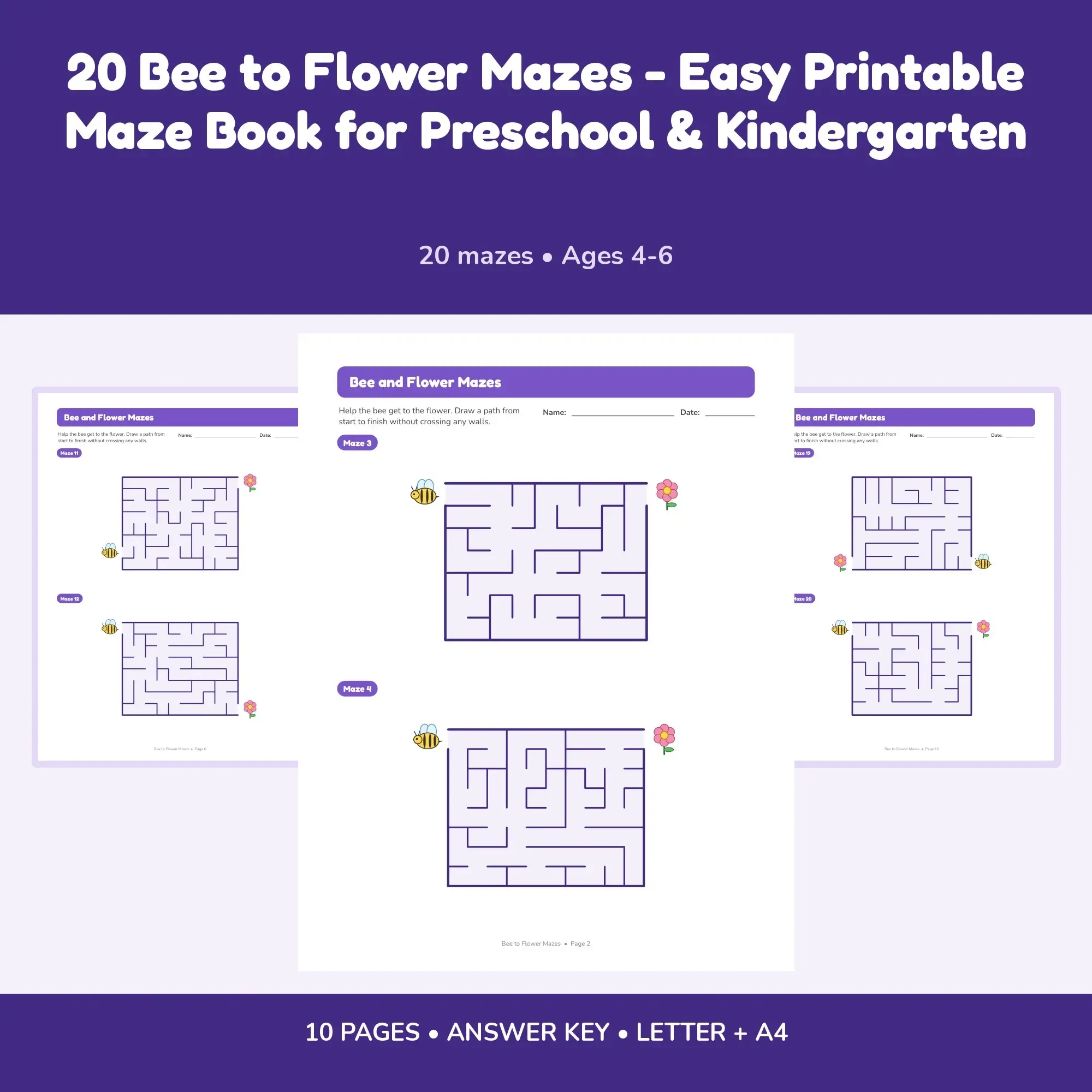 20 Bee to Flower Mazes - Easy Printable Maze Book for Preschool & Kindergarten preview