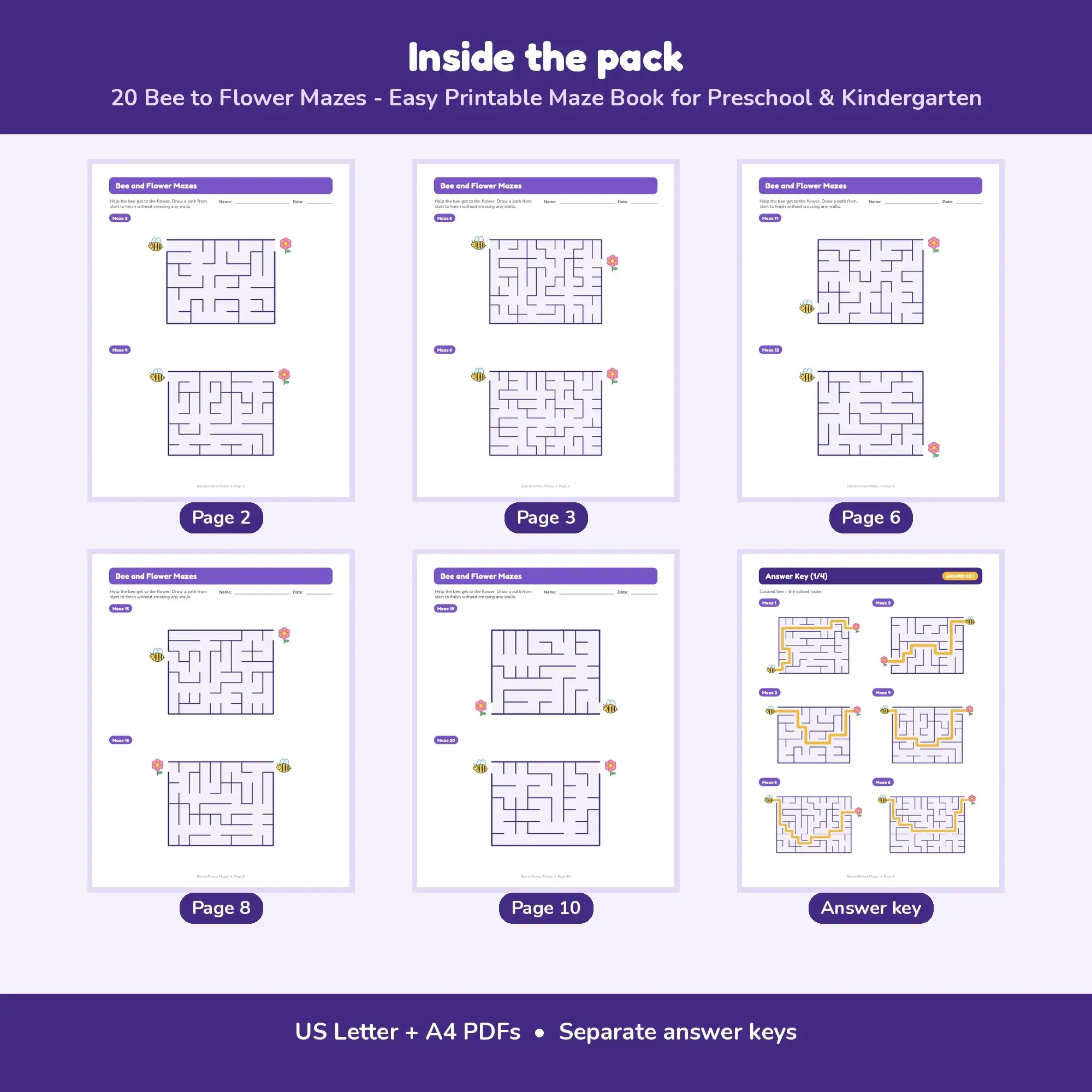 20 Bee to Flower Mazes - Easy Printable Maze Book for Preschool & Kindergarten, preview 2 of 2