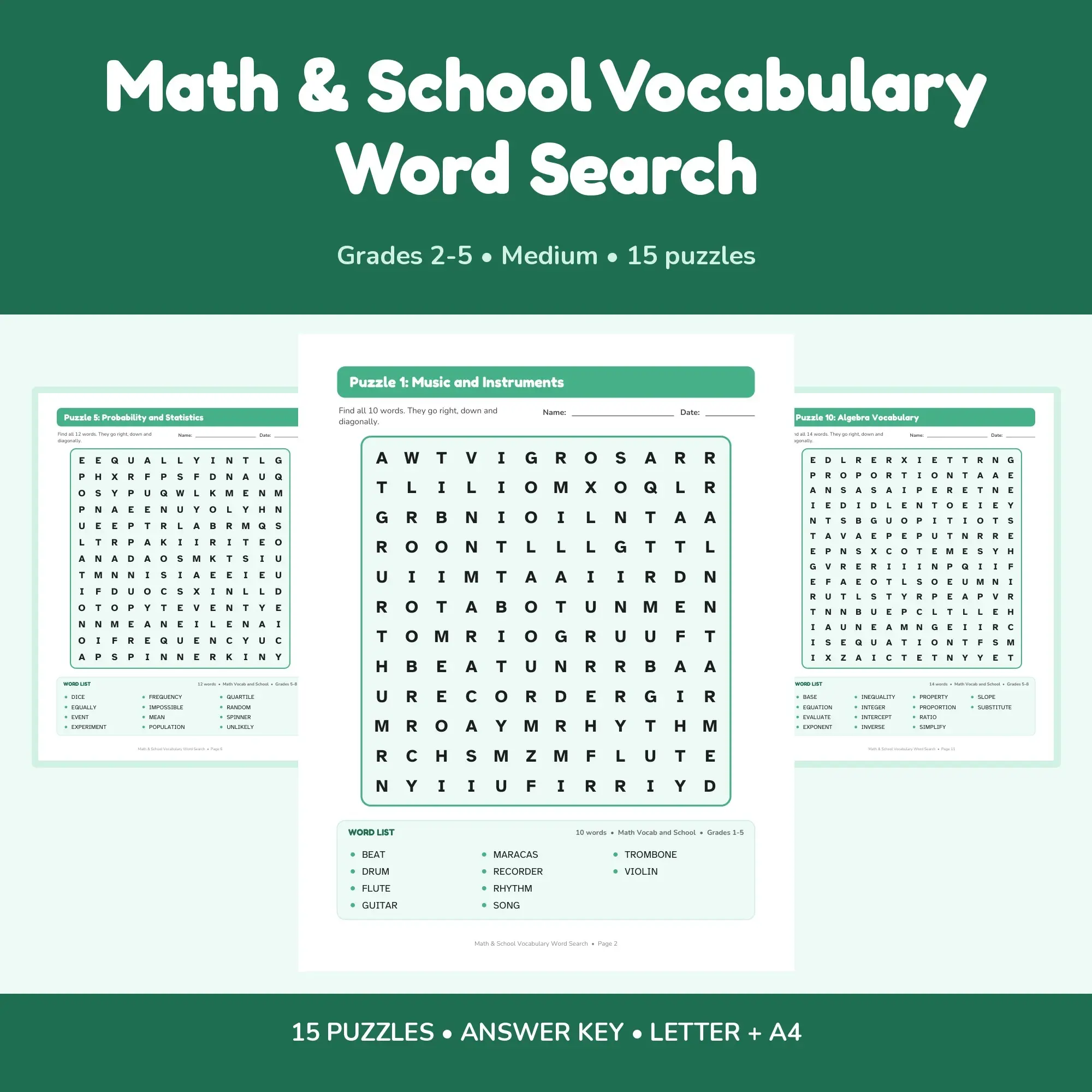 15 Math & School Vocabulary Word Search Puzzles - 15 Different Topics, Grades 2-5 + Key preview