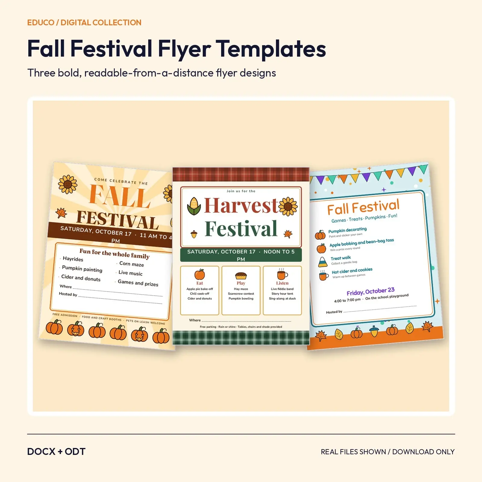 Fall Festival Flyer Templates – 3 Bold Editable Designs for Schools, Churches and Towns, DOCX and ODT preview