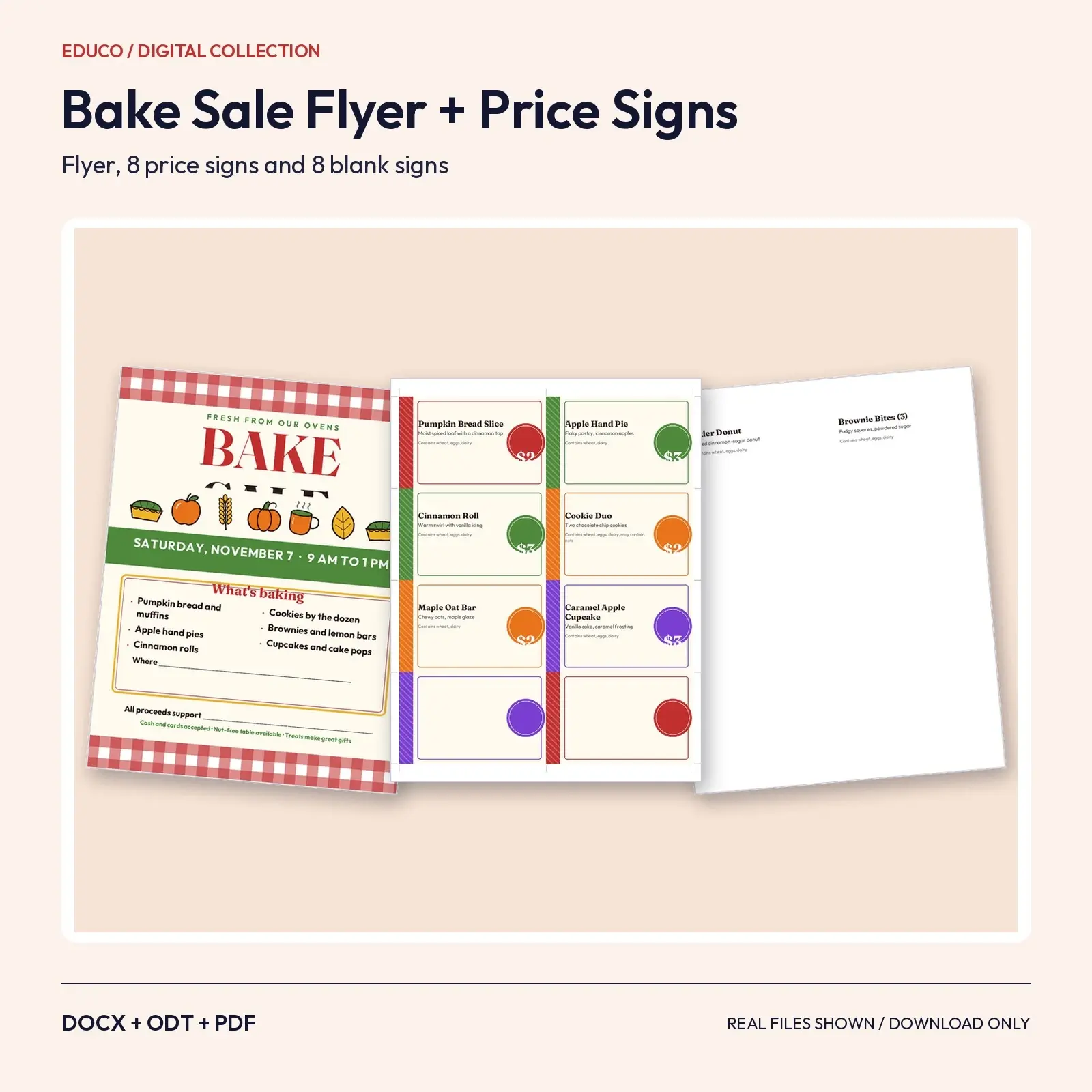 Bake Sale Flyer and Price Sign Templates – Fall Treats with Allergen Lines, Editable DOCX, ODT and PDF preview