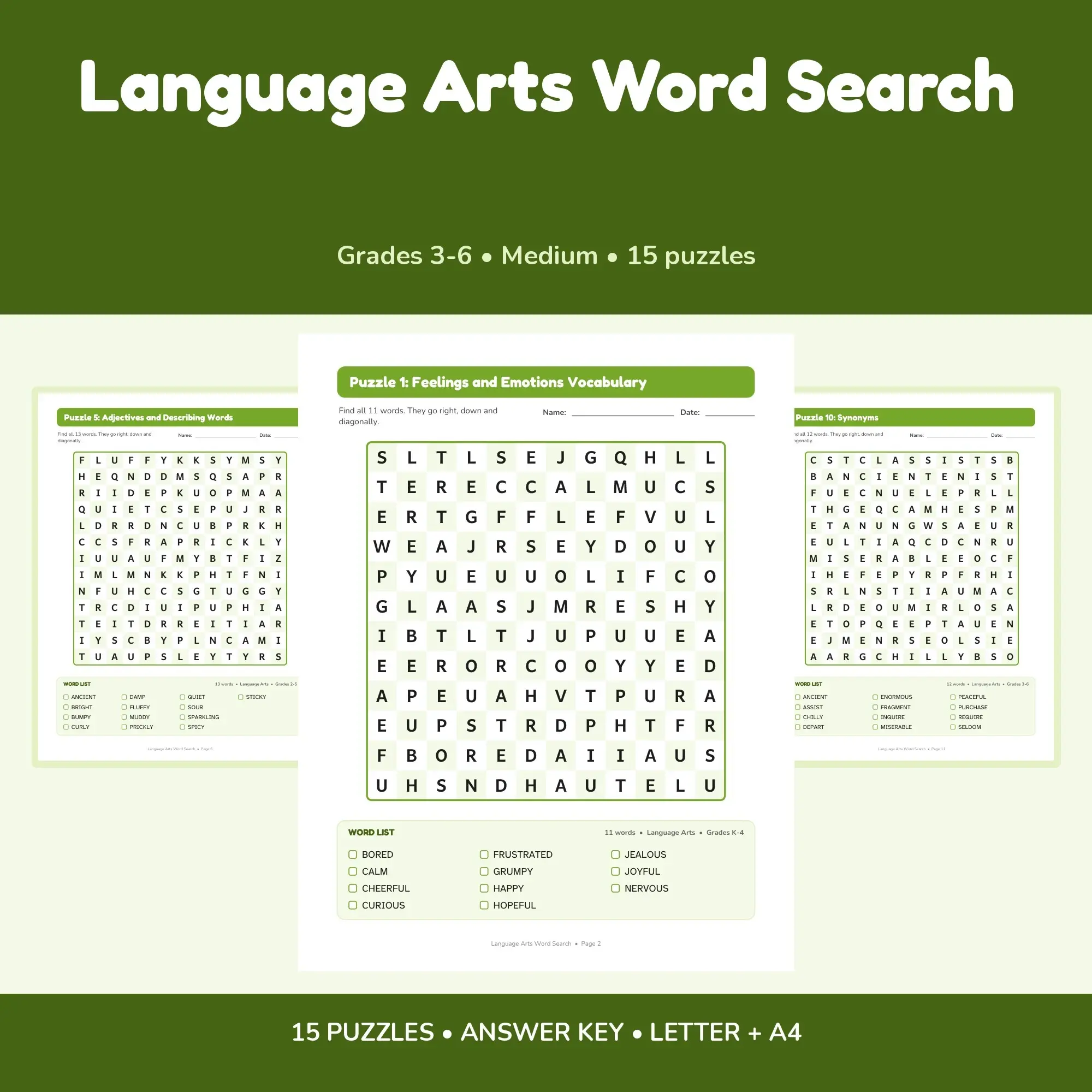 15 Language Arts Word Search Puzzles - 15 Different Topics, Grades 3-6 + Key preview