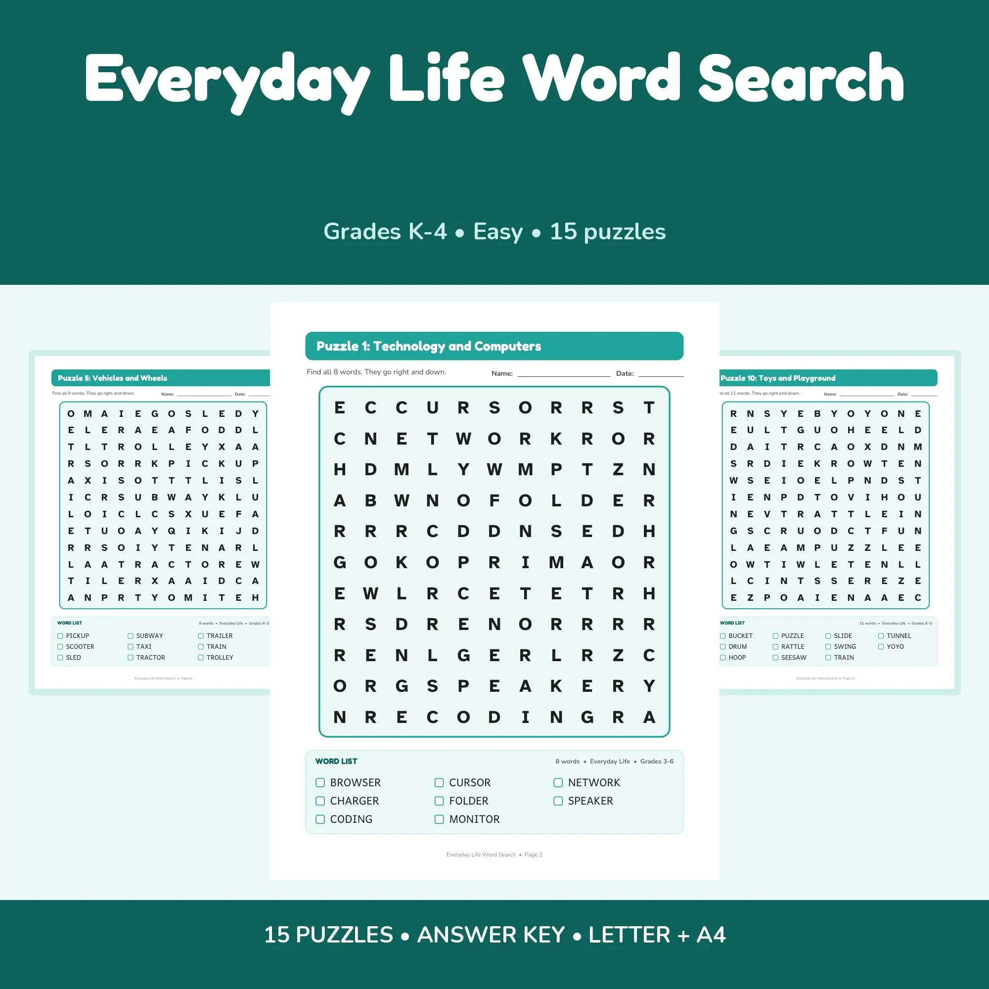 15 Everyday Life Word Search Puzzles - 15 Different Topics, Grades K-4 + Key preview
