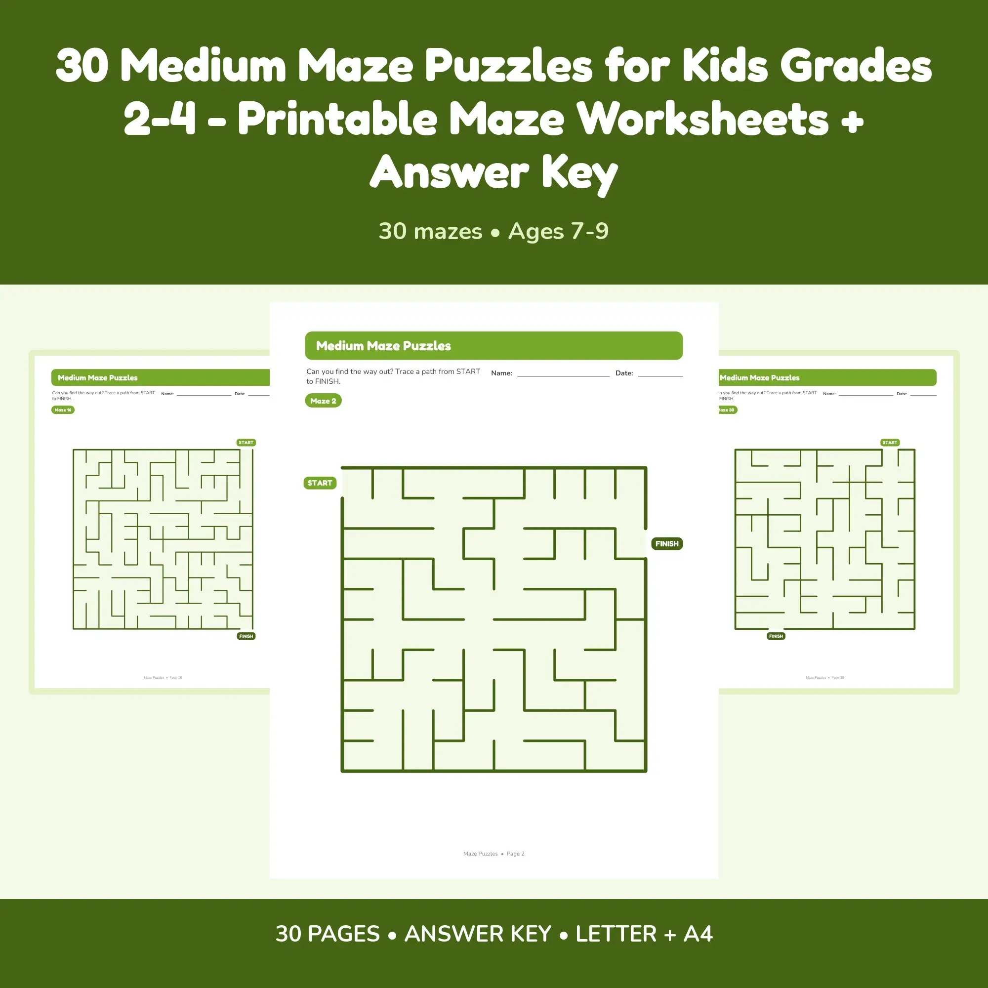 30 Medium Maze Puzzles for Kids Grades 2-4 - Printable Maze Worksheets + Answer Key preview
