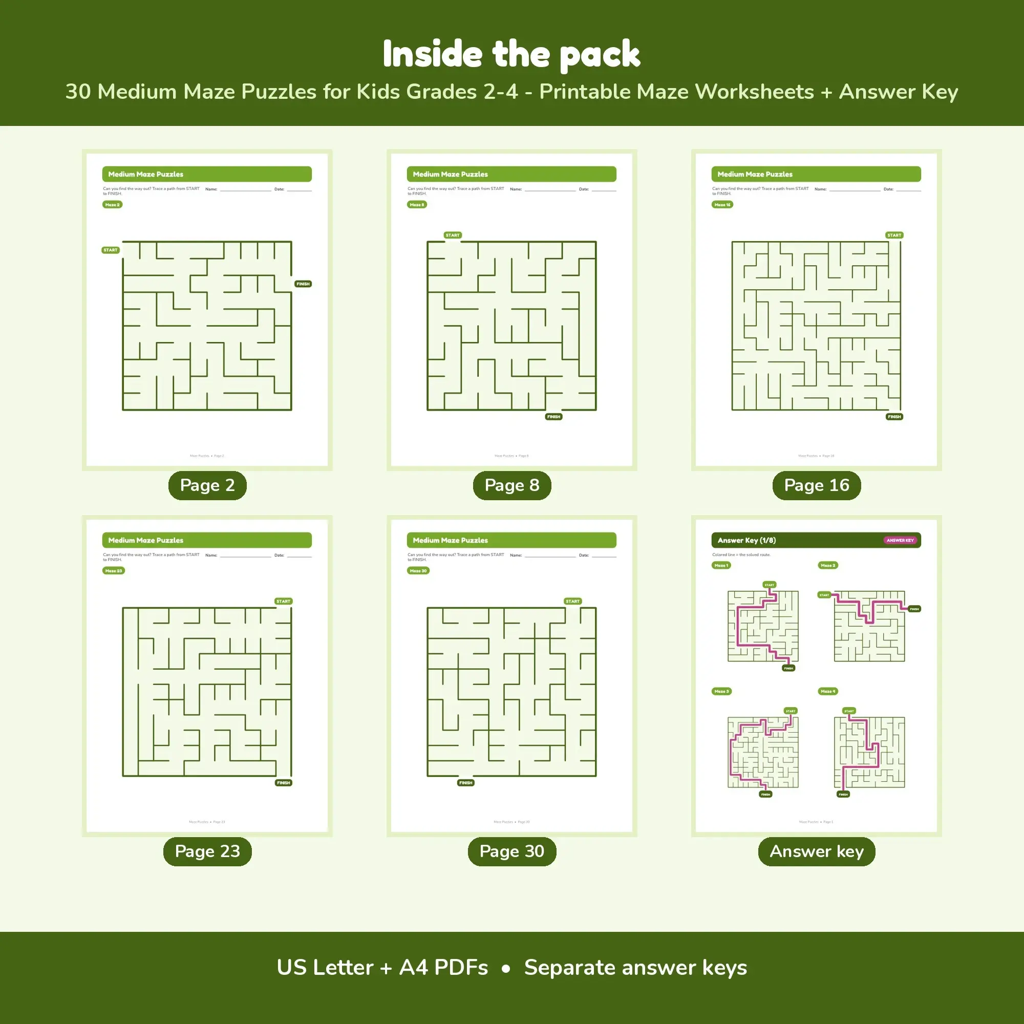 30 Medium Maze Puzzles for Kids Grades 2-4 - Printable Maze Worksheets + Answer Key, preview 2 of 2
