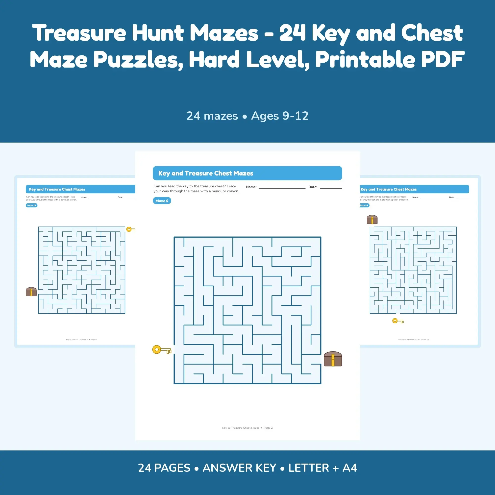 Treasure Hunt Mazes - 24 Key and Chest Maze Puzzles, Hard Level, Printable PDF preview