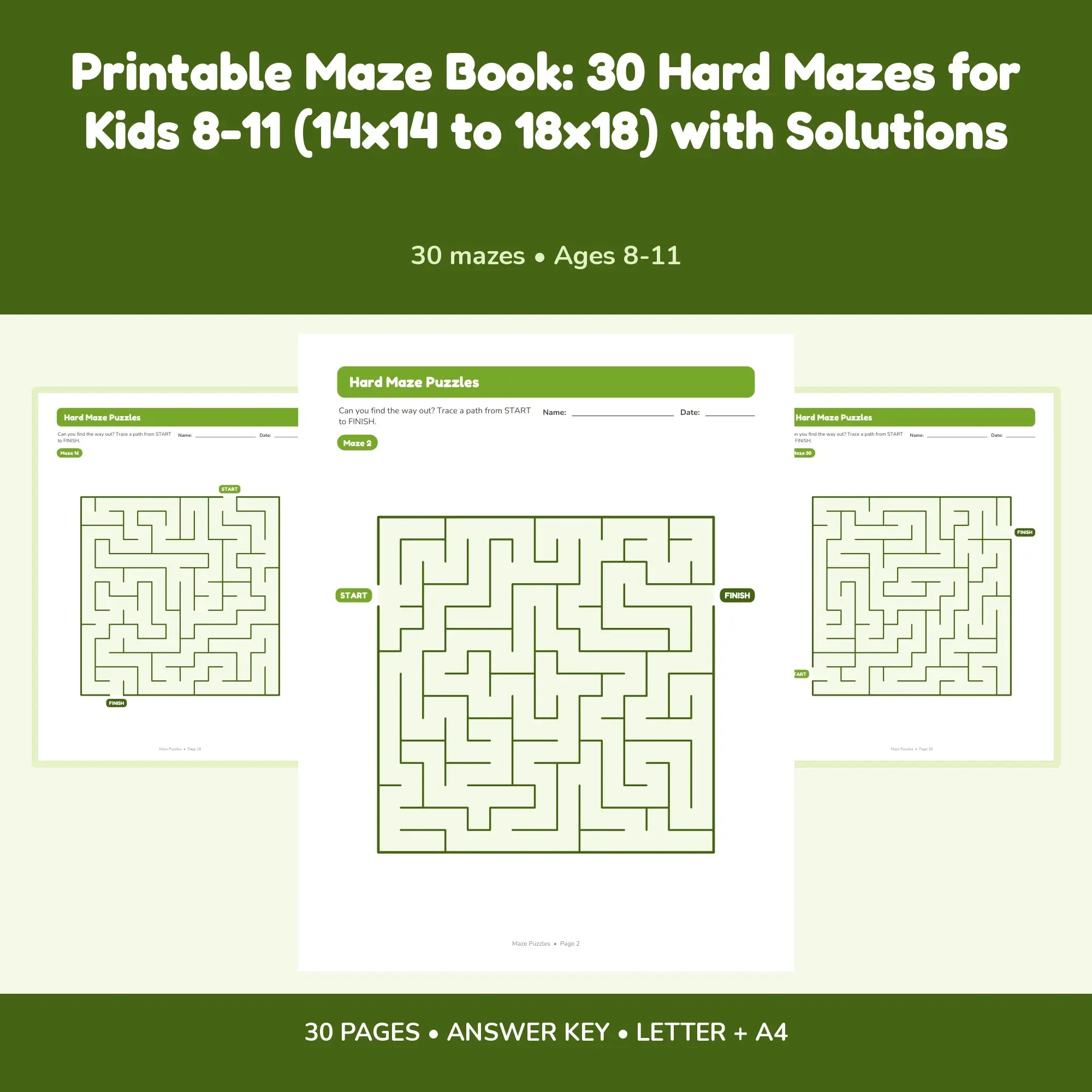 Printable Maze Book: 30 Hard Mazes for Kids 8-11 (14x14 to 18x18) with Solutions, preview 1 of 2