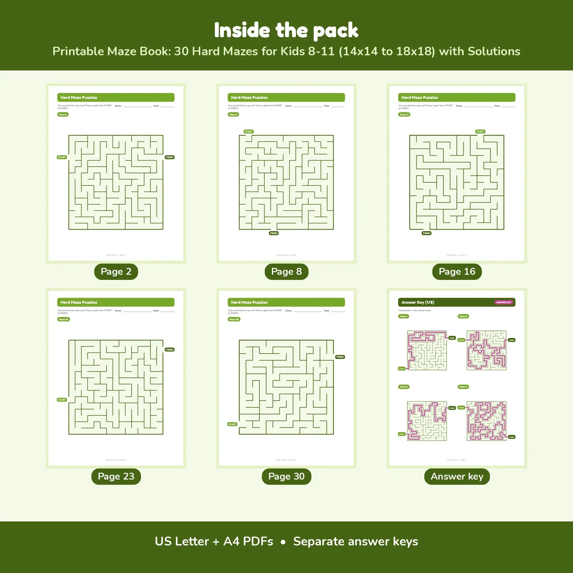 Printable Maze Book: 30 Hard Mazes for Kids 8-11 (14x14 to 18x18) with Solutions, preview 2 of 2