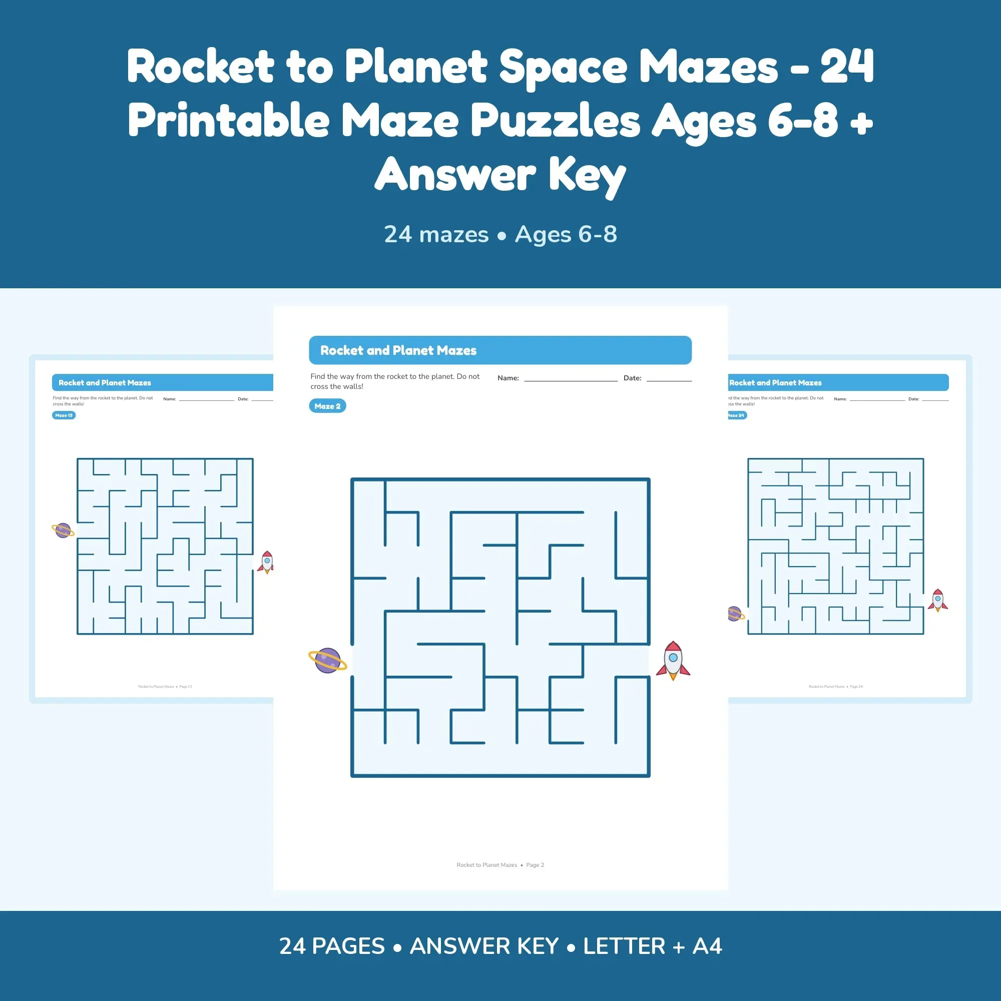 Rocket to Planet Space Mazes - 24 Printable Maze Puzzles Ages 6-8 + Answer Key preview