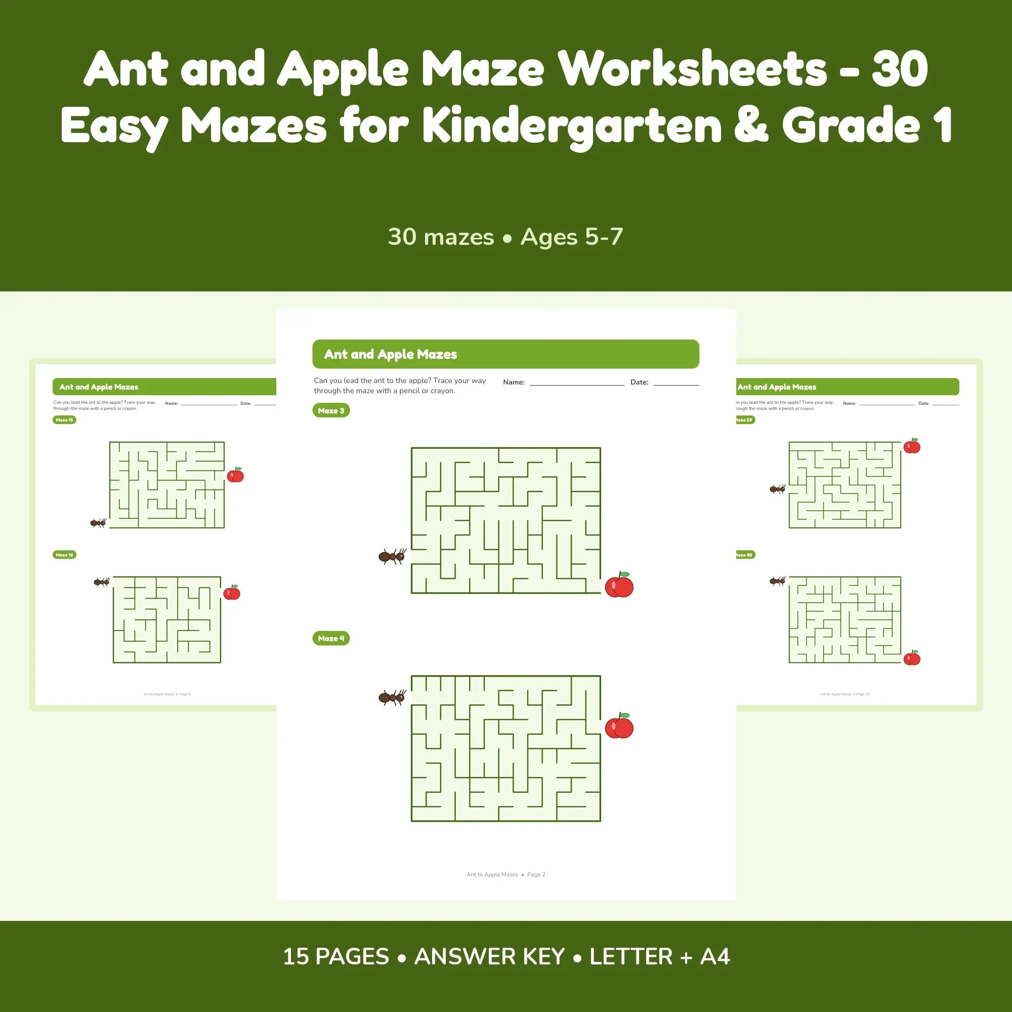 Ant and Apple Maze Worksheets - 30 Easy Mazes for Kindergarten & Grade 1 preview