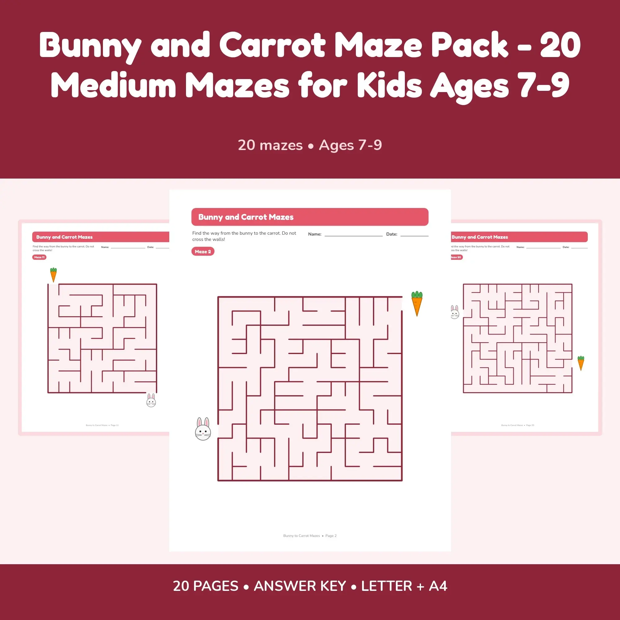 Bunny and Carrot Maze Pack - 20 Medium Mazes for Kids Ages 7-9 preview