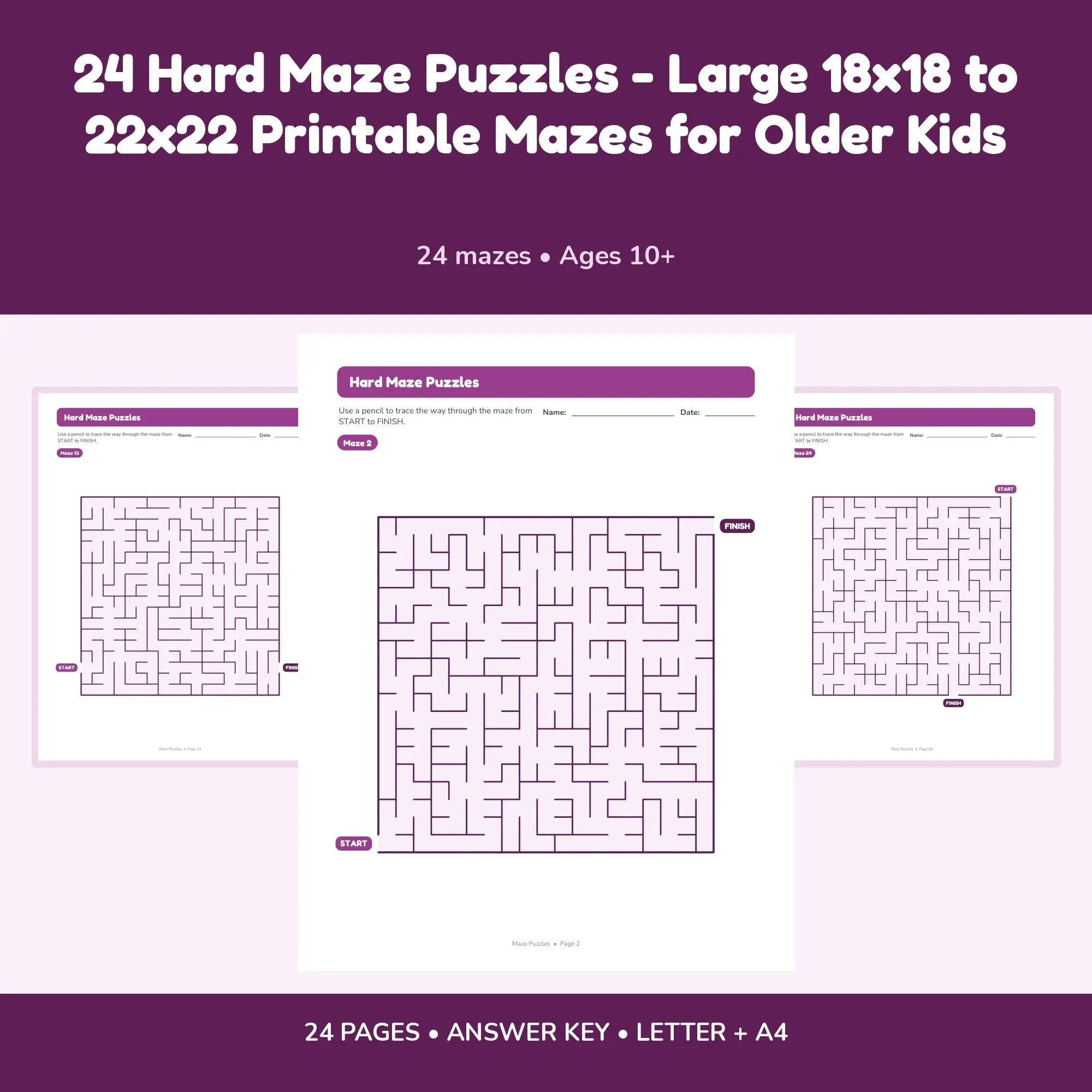 24 Hard Maze Puzzles - Large 18x18 to 22x22 Printable Mazes for Older Kids preview