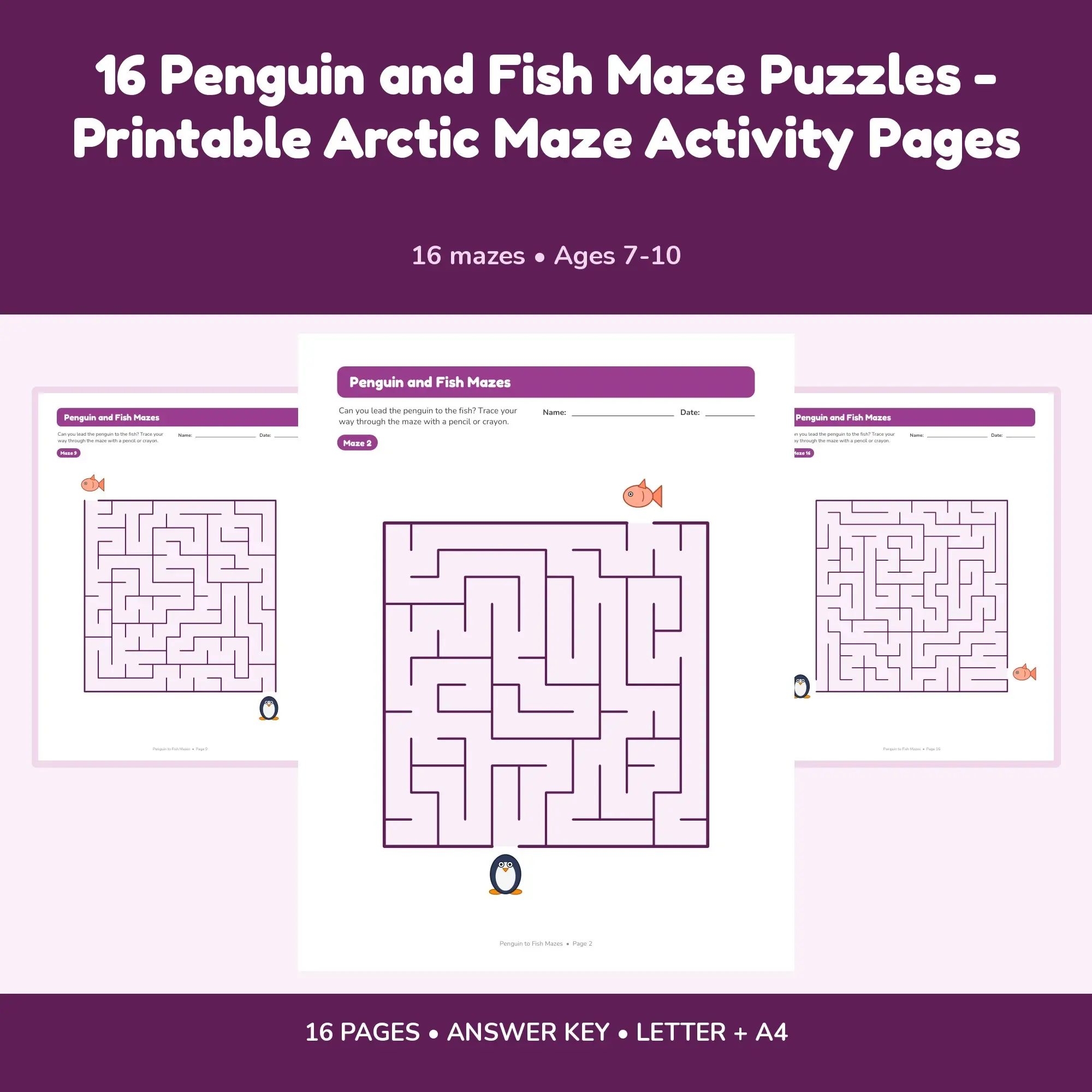 16 Penguin and Fish Maze Puzzles - Printable Arctic Maze Activity Pages preview