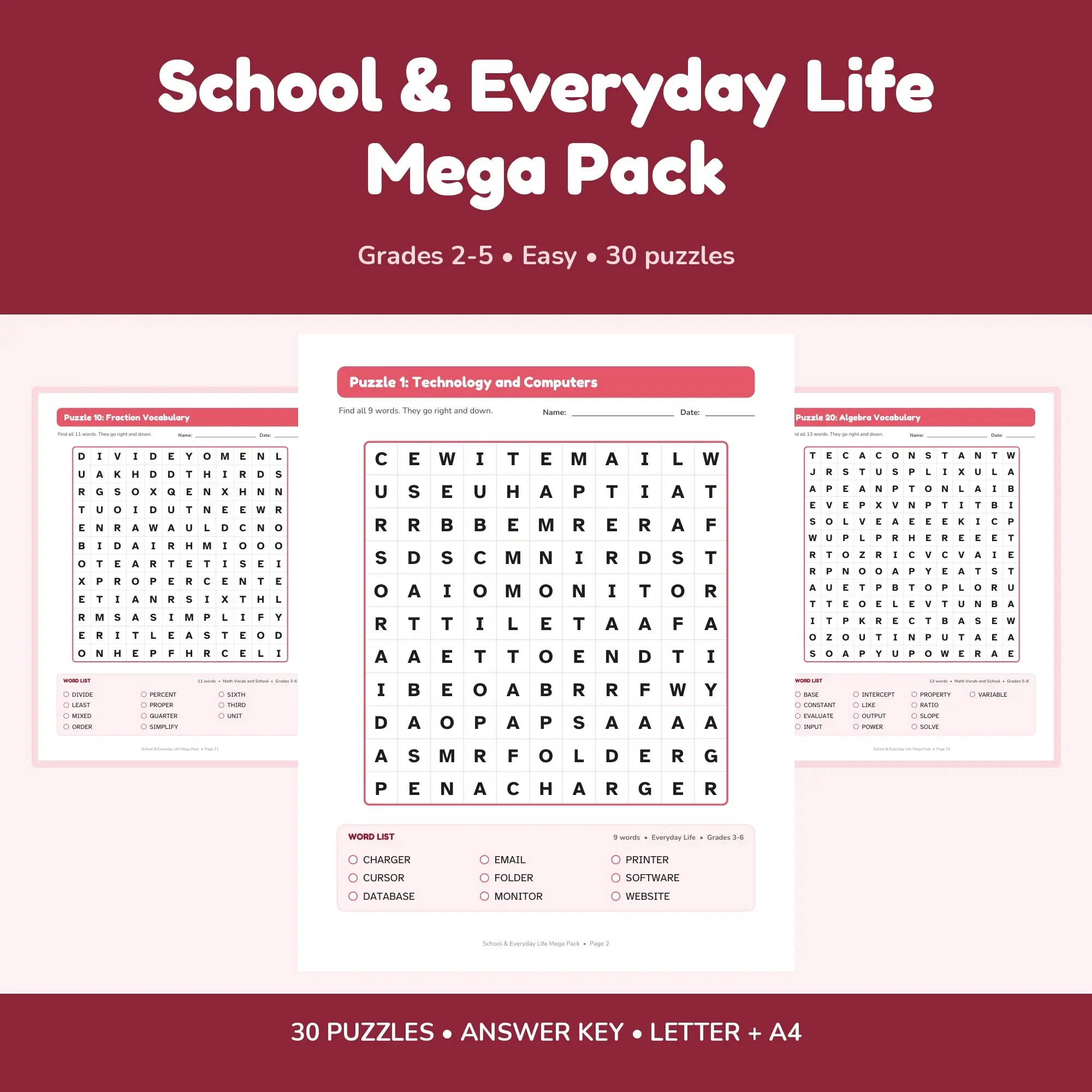School & Everyday Life Mega Pack: 30 Word Search Puzzles for Kids, Grades 2-5 (Letter + A4) preview