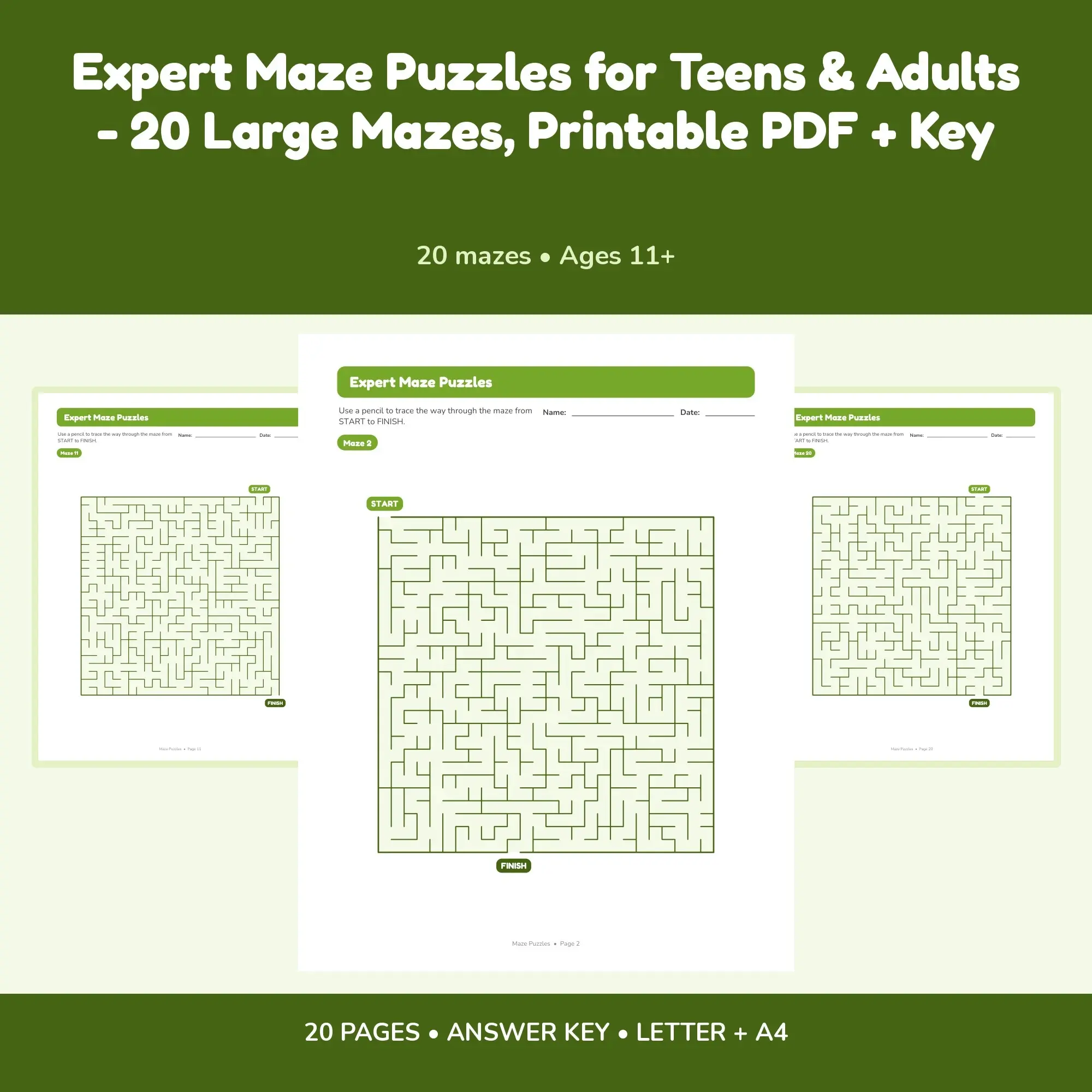 Expert Maze Puzzles for Teens & Adults - 20 Large Mazes, Printable PDF + Key preview