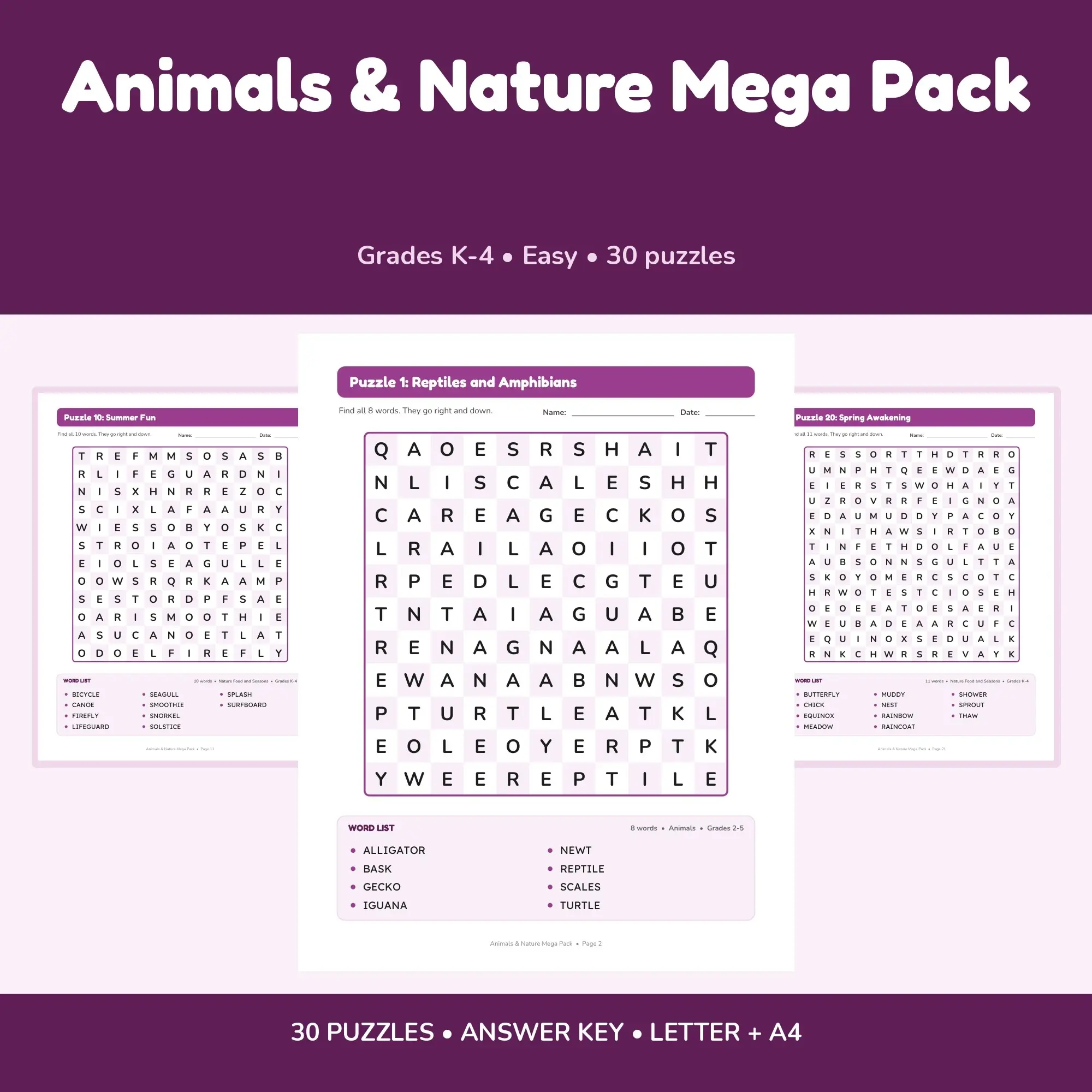 Animals & Nature Mega Pack: 30 Word Search Puzzles for Kids, Grades K-4 (Letter + A4) preview